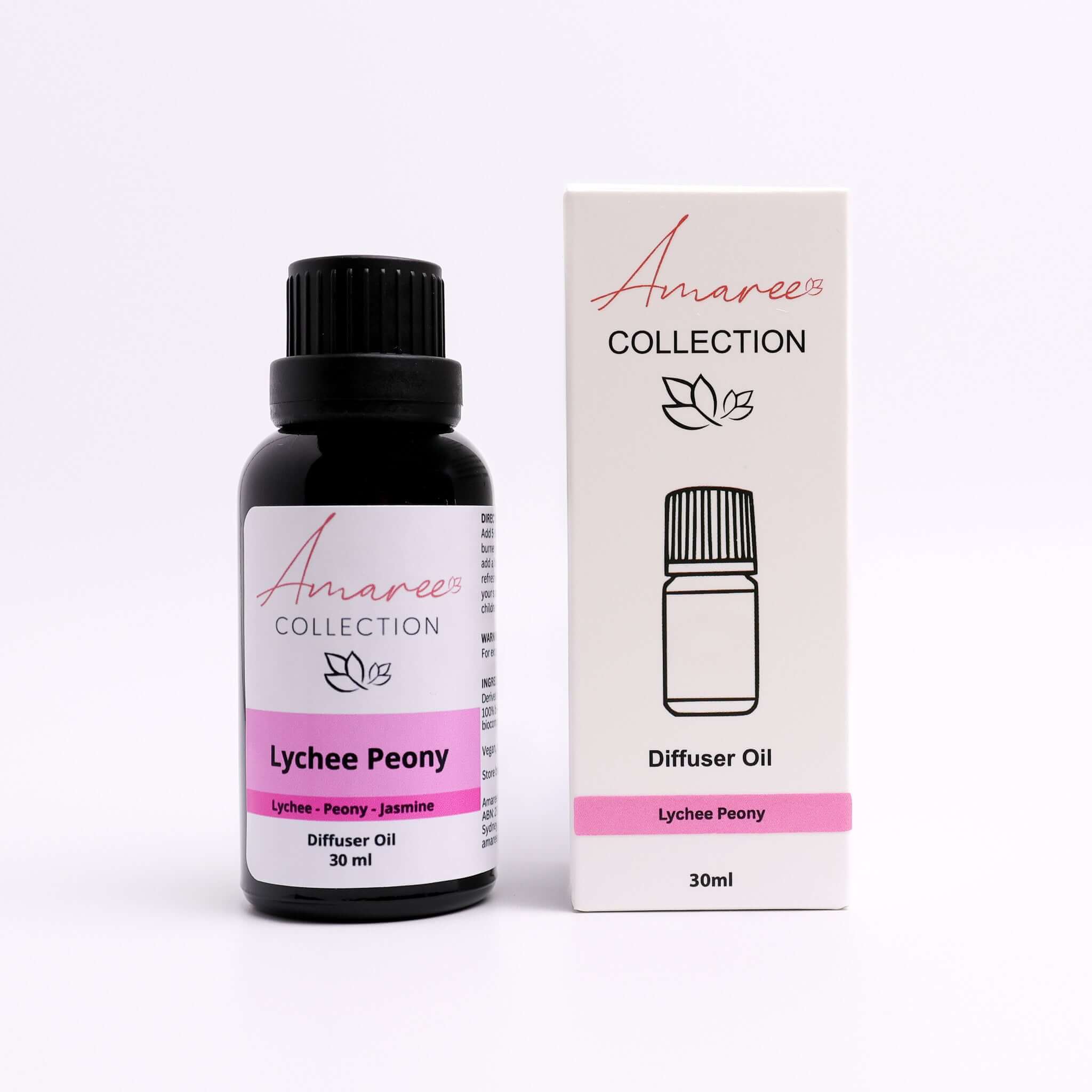 Lychee Peony Diffuser Oil showcasing a 30ml bottle and packaging, perfect for a soft floral scent in your home.