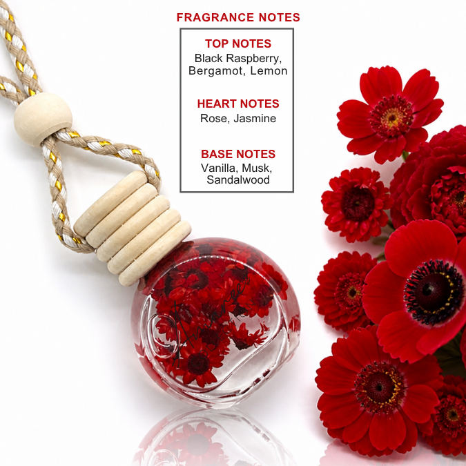 A clear glass hanging perfume bottle with red dried flowers inside, attached to a braided beige cord with wooden beads, shown on a white background with fragrance notes text and red flowers beside it.