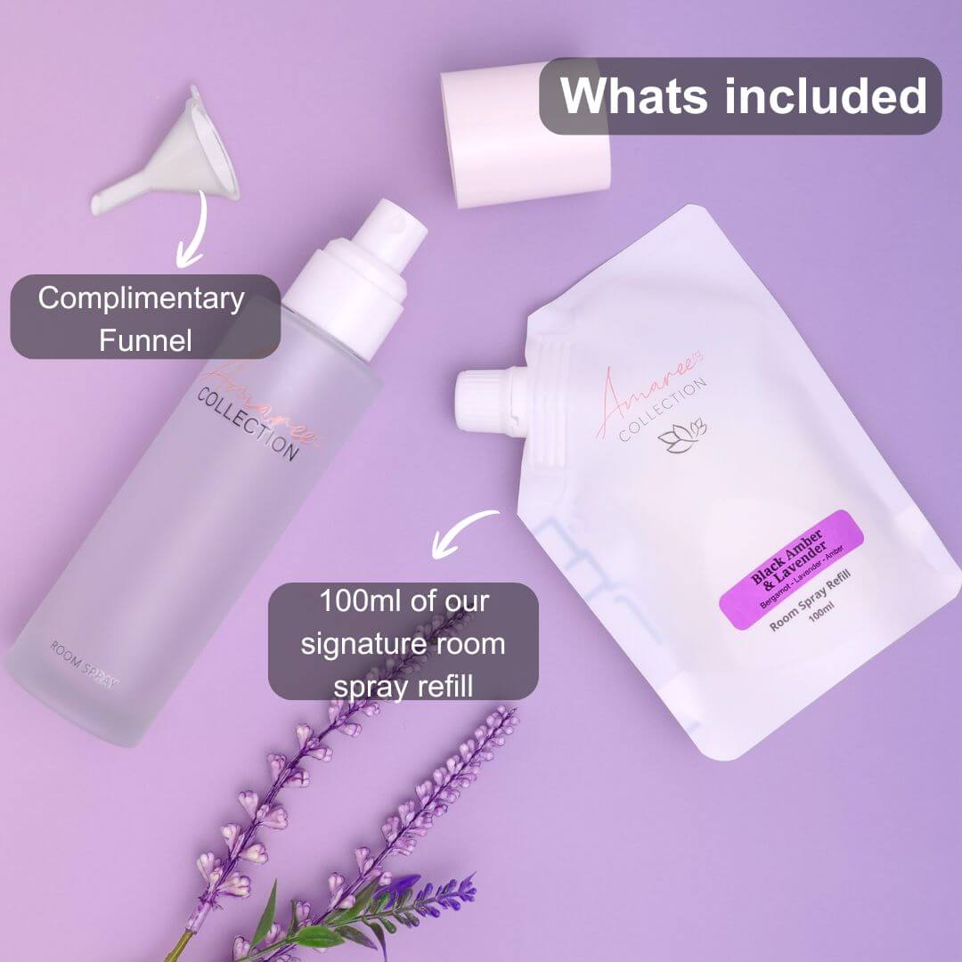 Black Amber & Lavender Room Spray Refill 100ml with funnel, showcasing instructions and product details on a purple background.