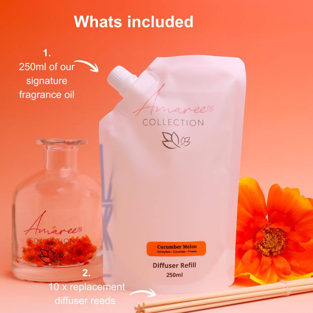 Cucumber Melon Reed Diffuser Refill 250ml package with reeds and diffuser bottle, features refreshing scent.
