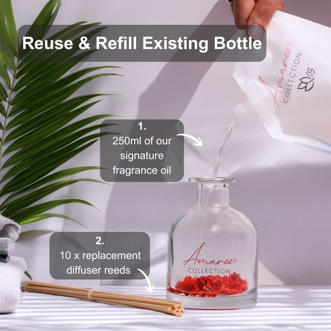 Cucumber Melon Reed Diffuser Refill 250ml being poured into a glass diffuser bottle with replacement reeds.