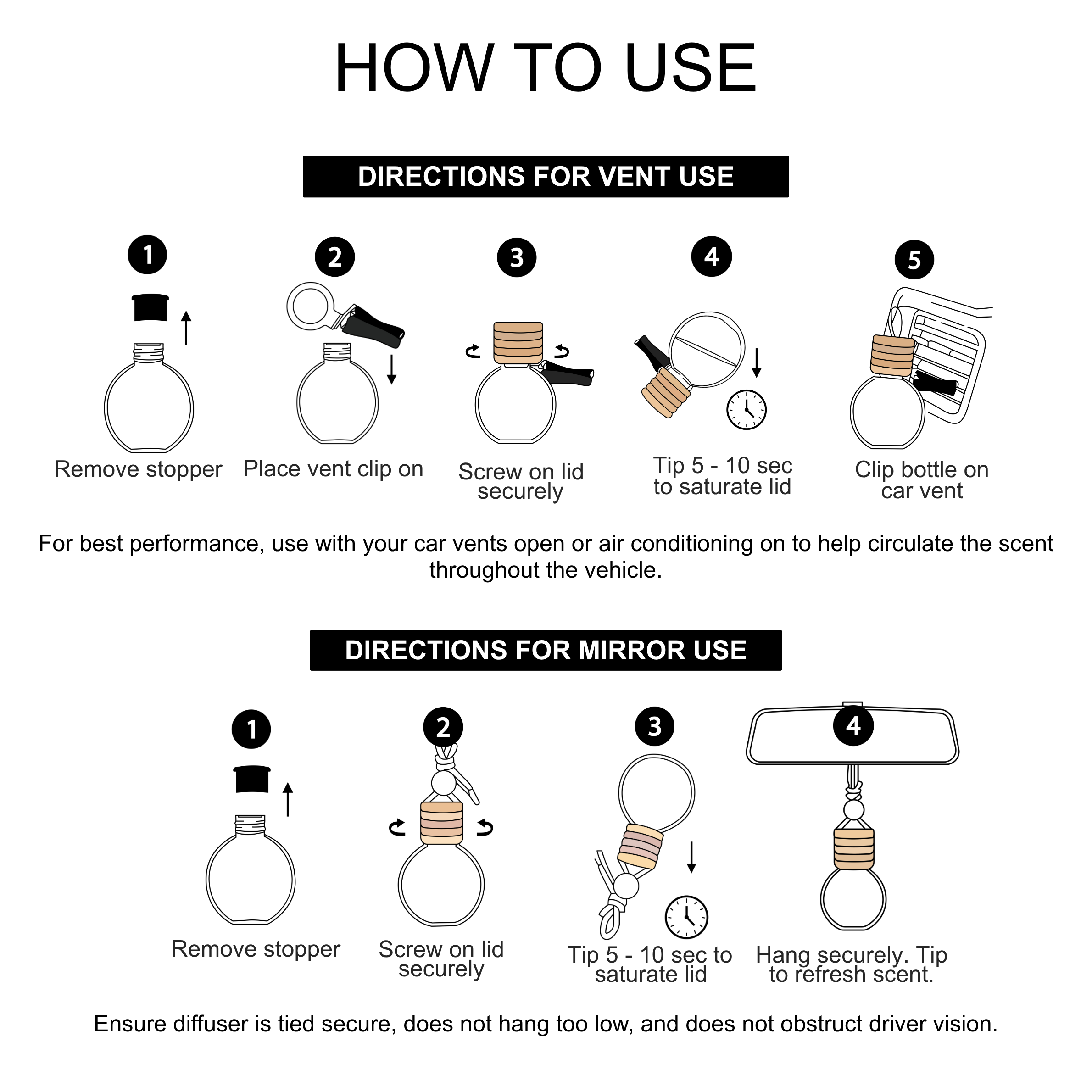 Instruction diagram showing how to use a car diffuser with a built-in mirror. The top section, &