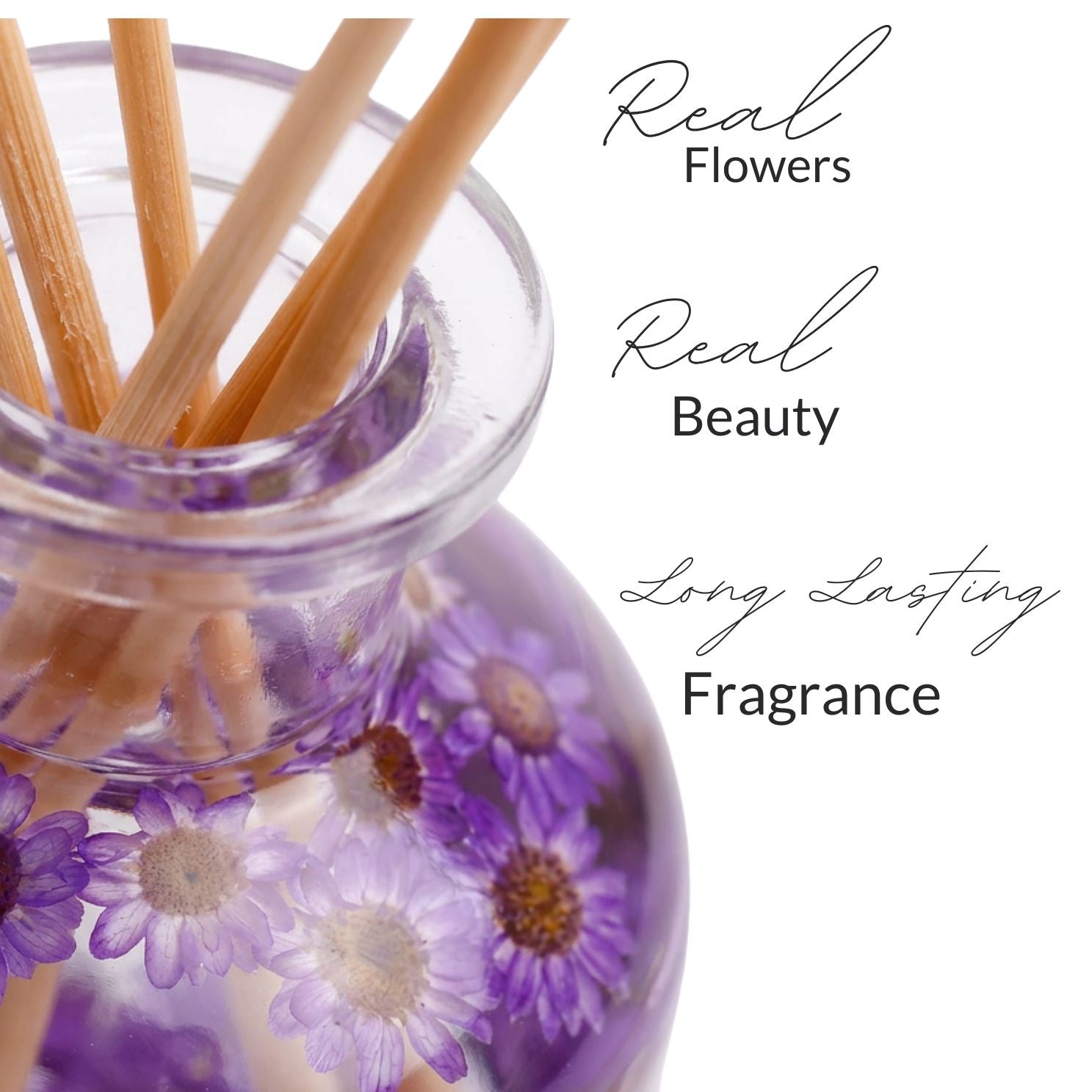 Home Fragrance Glass diffuser with floral design and wooden sticks, labeled &