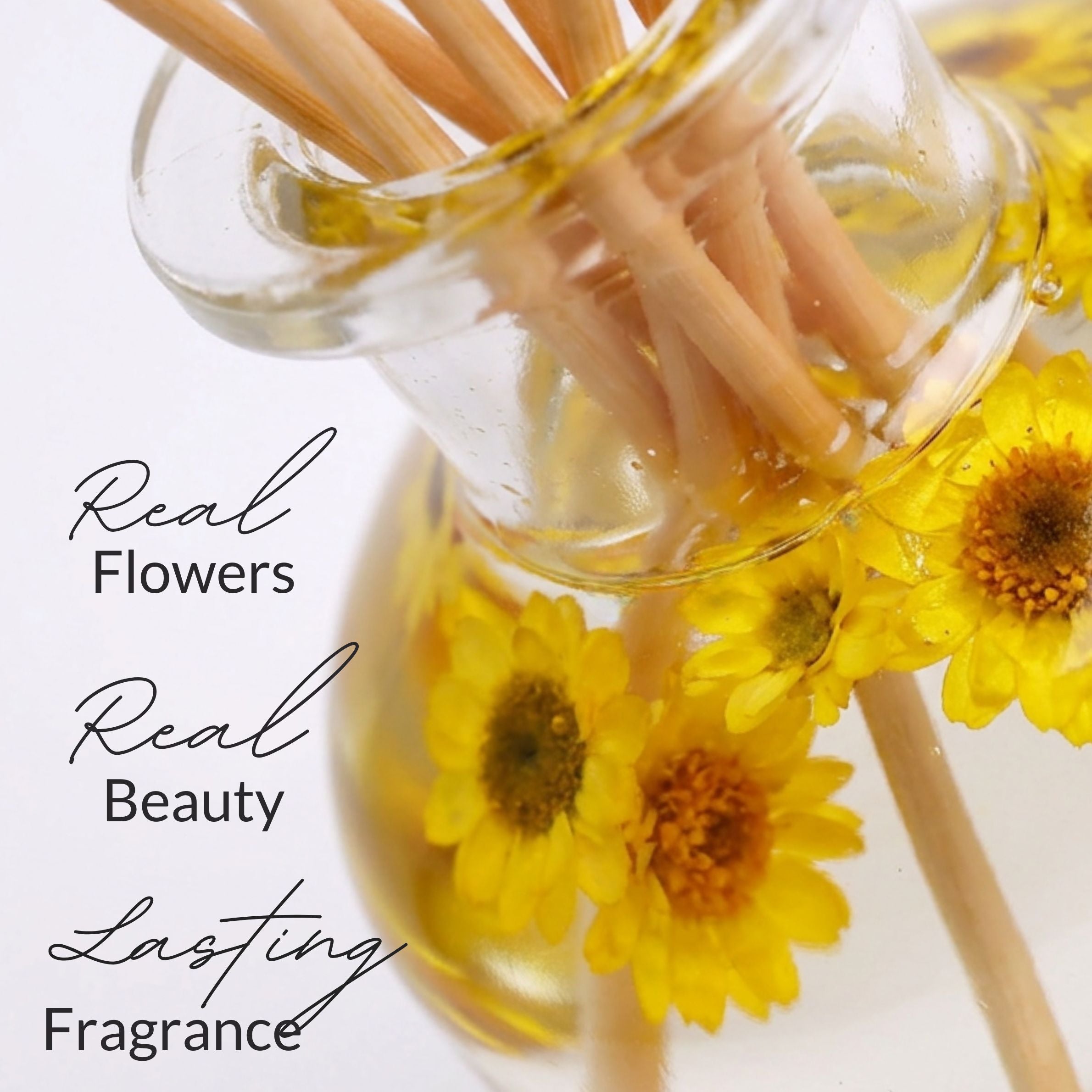Home fragrance diffuser with wooden sticks and yellow flowers on a white background