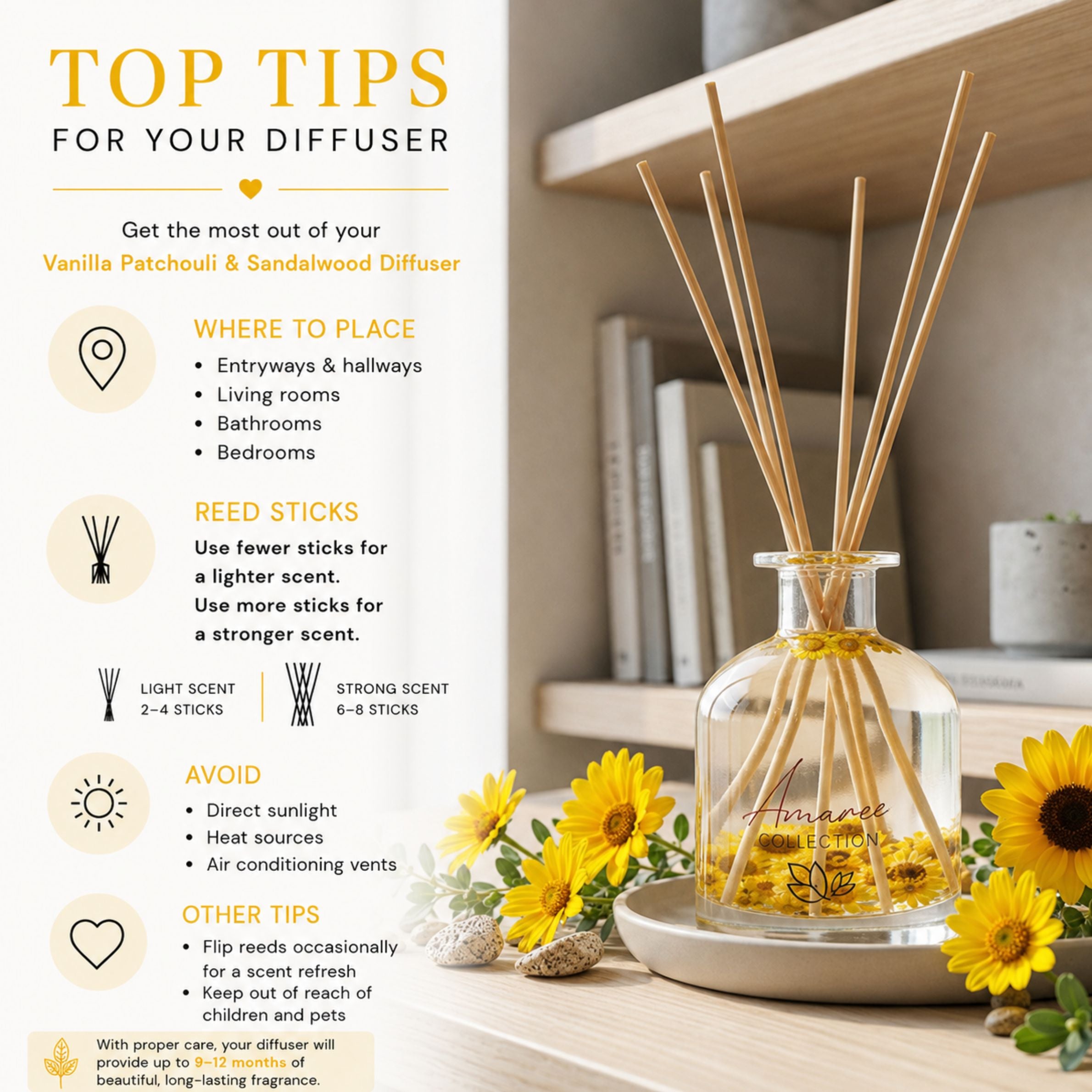 Vanilla Patchouli and Sandalwood home fragrance diffuser with reed sticks on a wooden surface, surrounded by sunflowers.