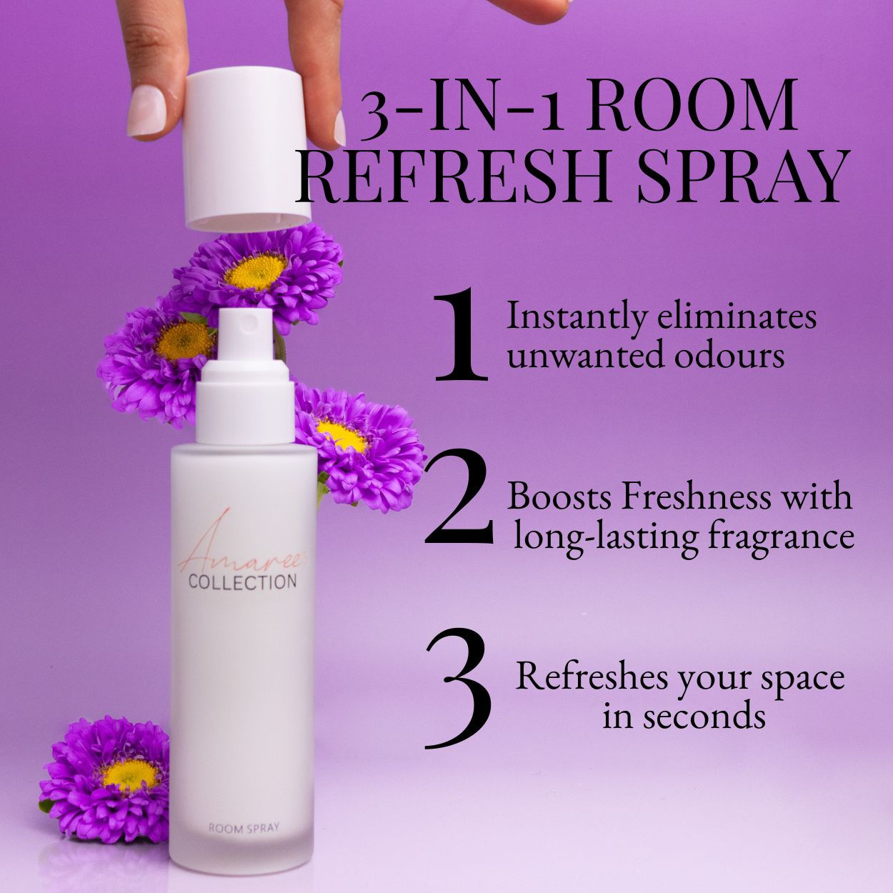Japanese Honeysuckle Room Spray 100ml, a 3-in-1 room refresh spray with vibrant flowers and instant odour elimination.