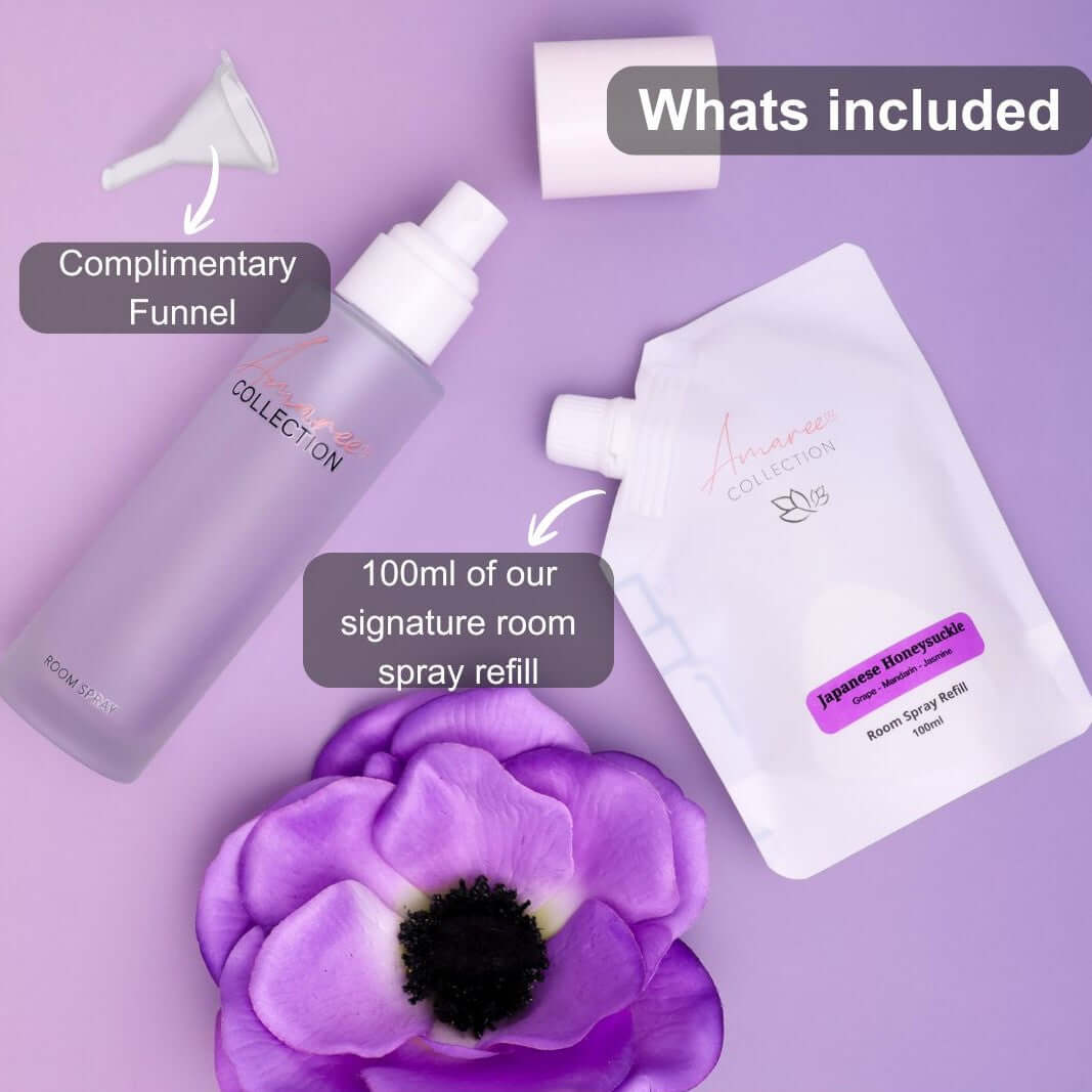 Japanese Honeysuckle Room Spray Refill 100ml bottle and refill pouch with complimentary funnel and purple flower.