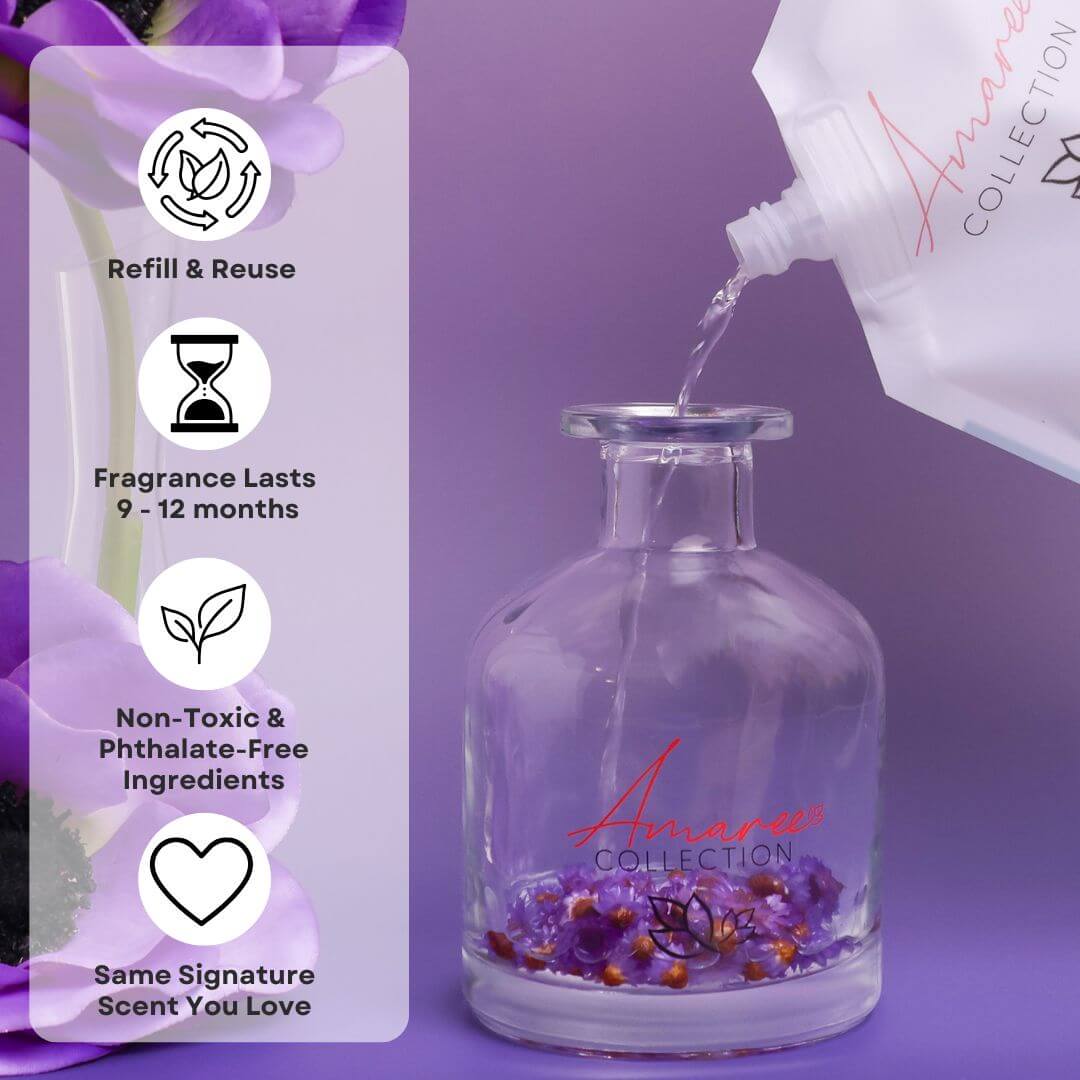 Japanese Honeysuckle Reed Diffuser Refill 250ml being poured into a clear glass bottle with floral design.