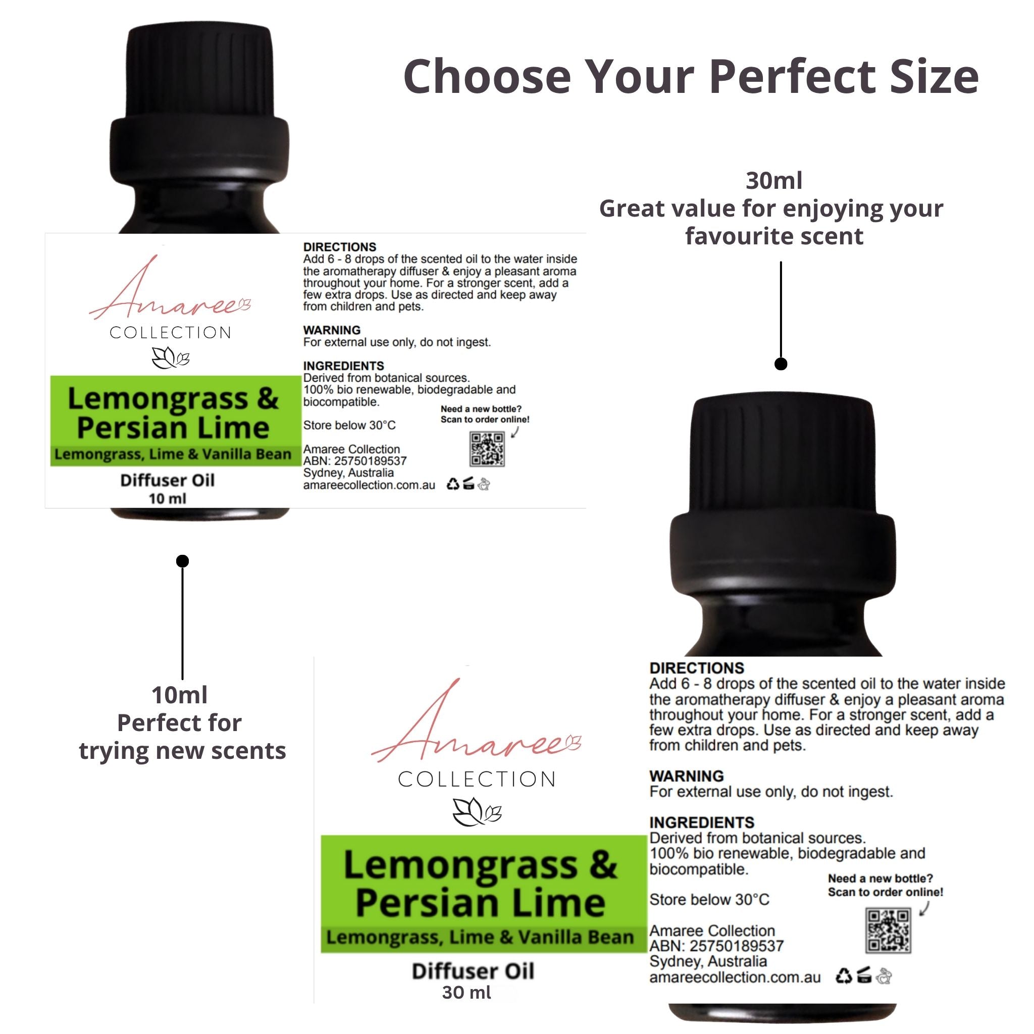 Amaree Collection diffuser oil packaging with size options and product details.
