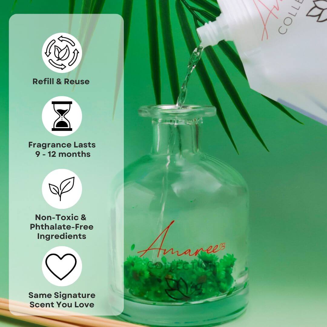 Lemongrass & Persian Lime Reed Diffuser Refill 250ml being poured into a glass diffuser, showcasing its eco-friendly features.