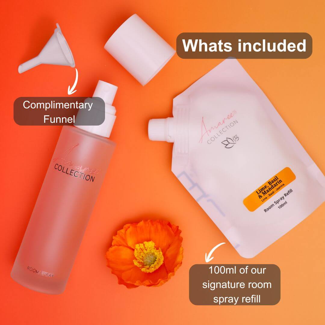 Lime Basil & Mandarin Room Spray Refill 100ml with complimentary funnel and packaging, showcasing its refreshing scent.