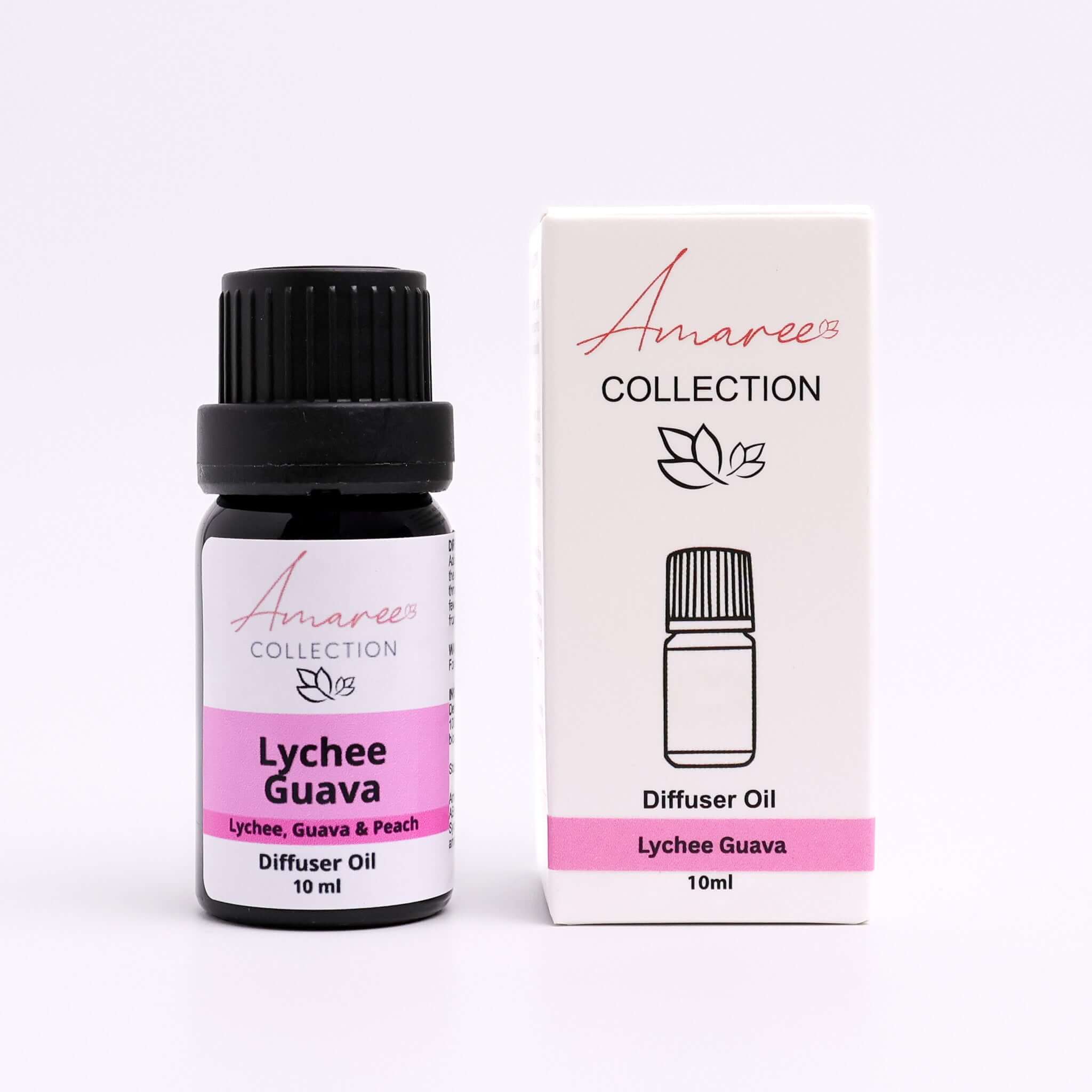 Lychee Guava Diffuser Oil bottle and packaging showcasing fruity scent blend for a tropical atmosphere.