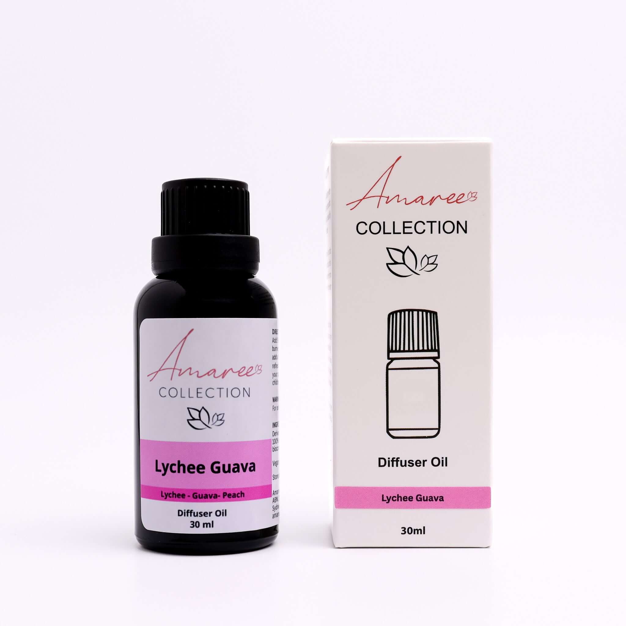 Lychee Guava Diffuser Oil bottle and packaging for a fruity, tropical aroma experience.