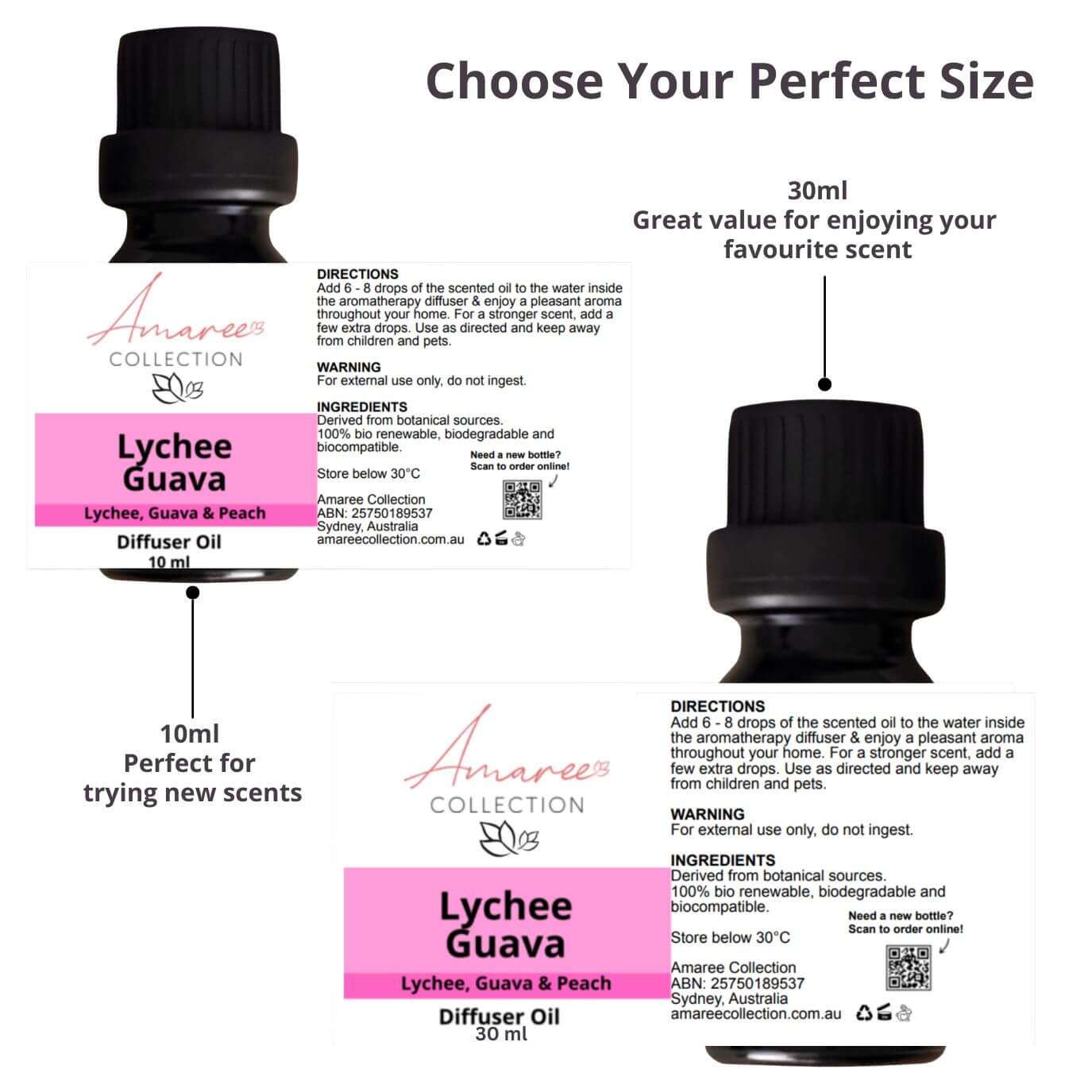 Lychee Guava Diffuser Oil labels showcasing 10ml and 30ml sizes for enjoying fruity scents.