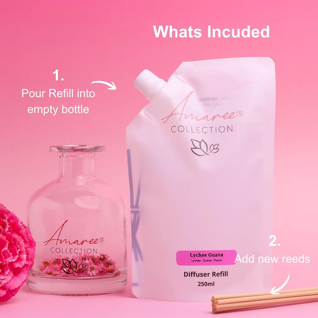 Lychee Guava Reed Diffuser Refill 250ml with instructions for use and glass diffuser bottle.