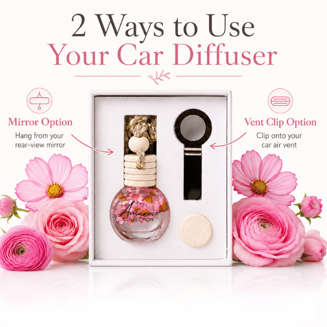 A boxed car diffuser set displayed on a white background with pink flowers around it. The image includes text reading &