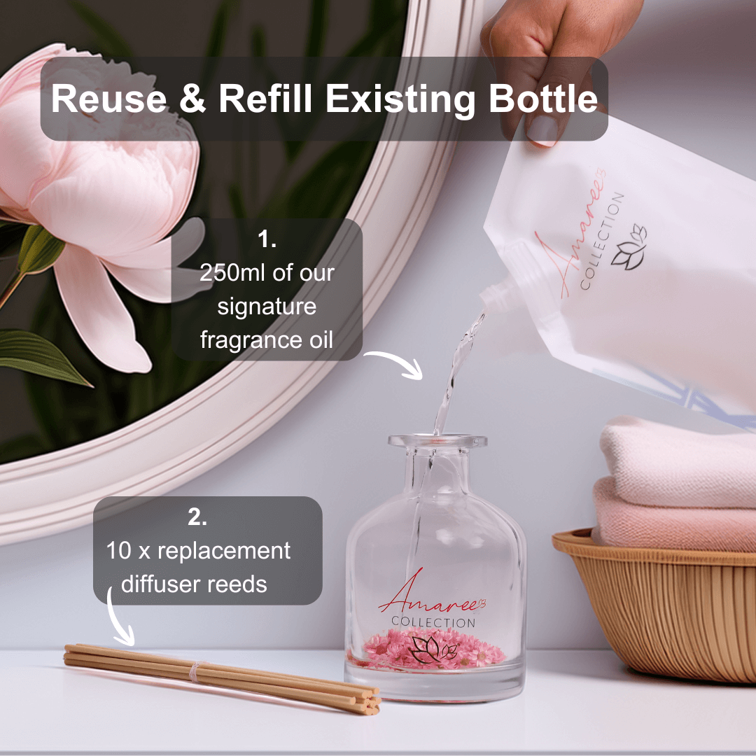 Lychee Peony Reed Diffuser Refill 250ml being poured into a glass diffuser bottle with reeds.