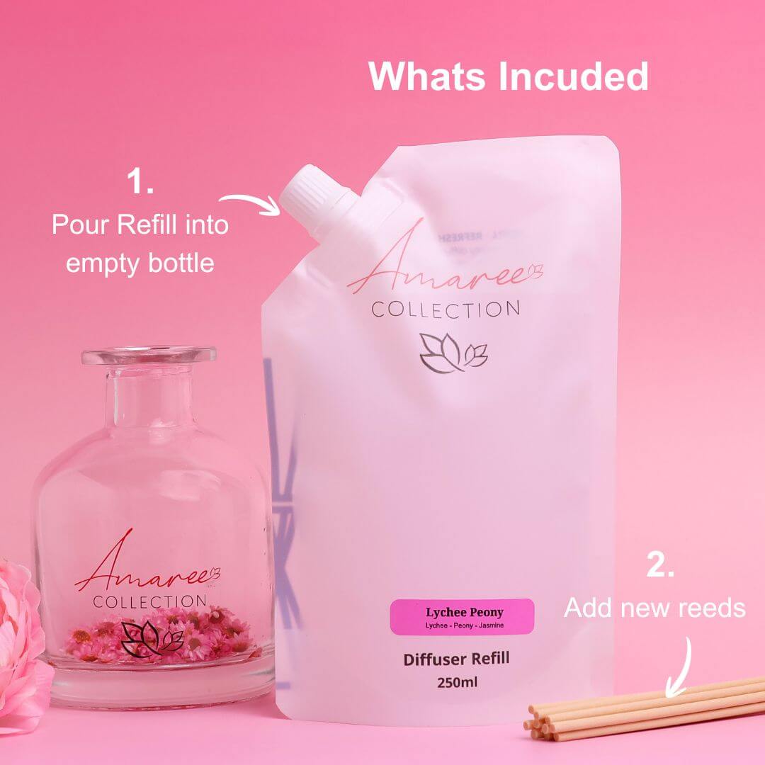 Lychee Peony Reed Diffuser Refill 250ml packaging with instructions for use and elegant diffuser bottle.