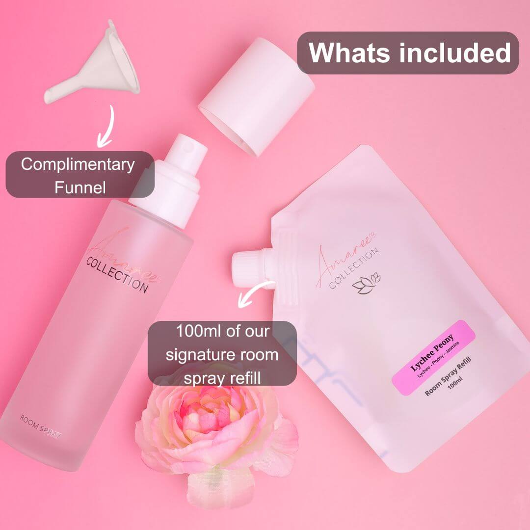 Lychee Peony Room Spray Refill 100ml with complimentary funnel, displayed on a pink background with floral accents.