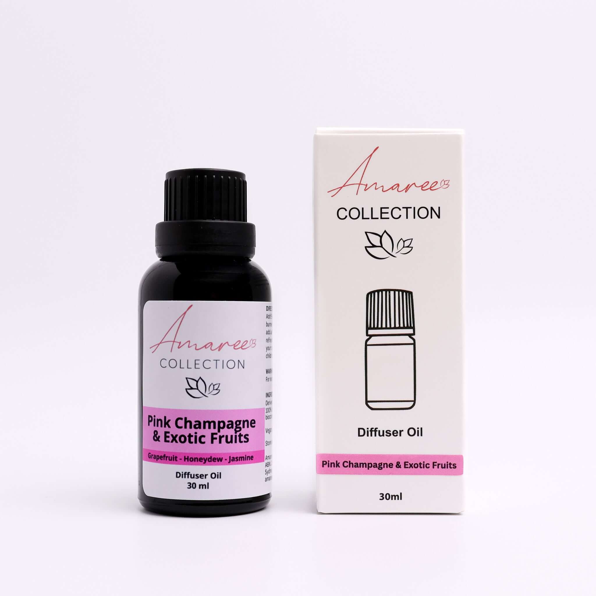 Pink Champagne & Exotic Fruits Diffuser Oil bottle and packaging displayed together in a vibrant setting.