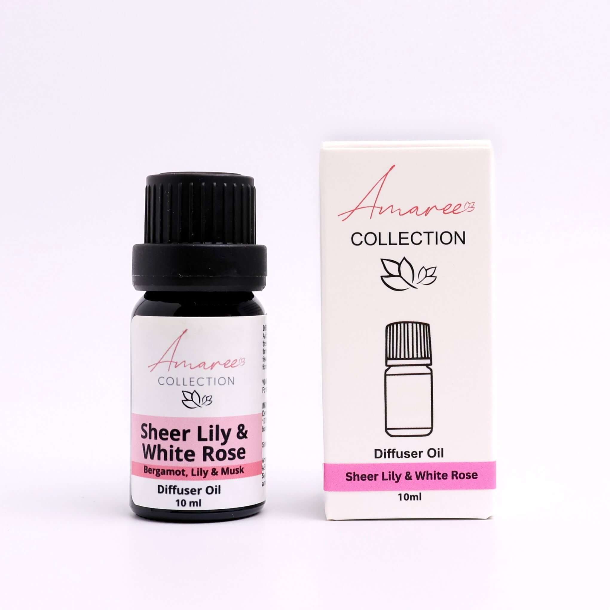 Sheer Lily & White Rose Diffuser Oil bottle and packaging with floral scent description.