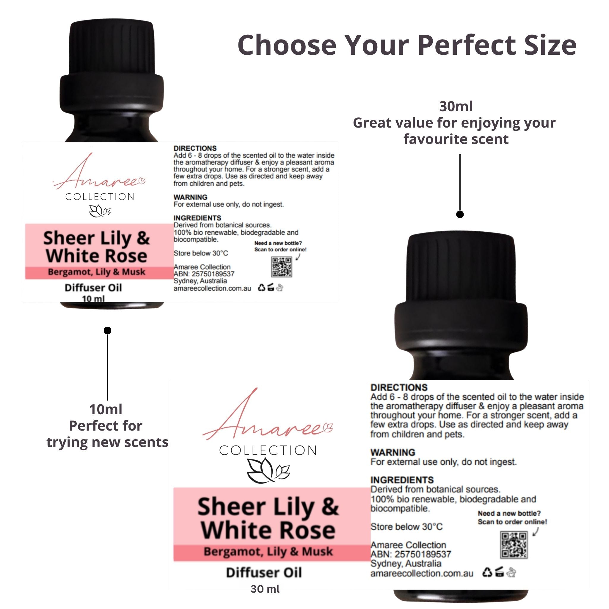 Aromatherapy diffuser oil packaging with size options and product details.