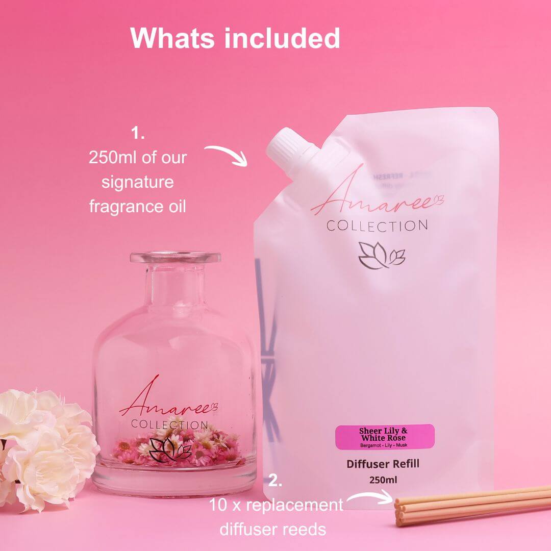 Sheer Lily & White Rose Reed Diffuser Refill 250ml with fragrance oil and replacement reeds in elegant display.