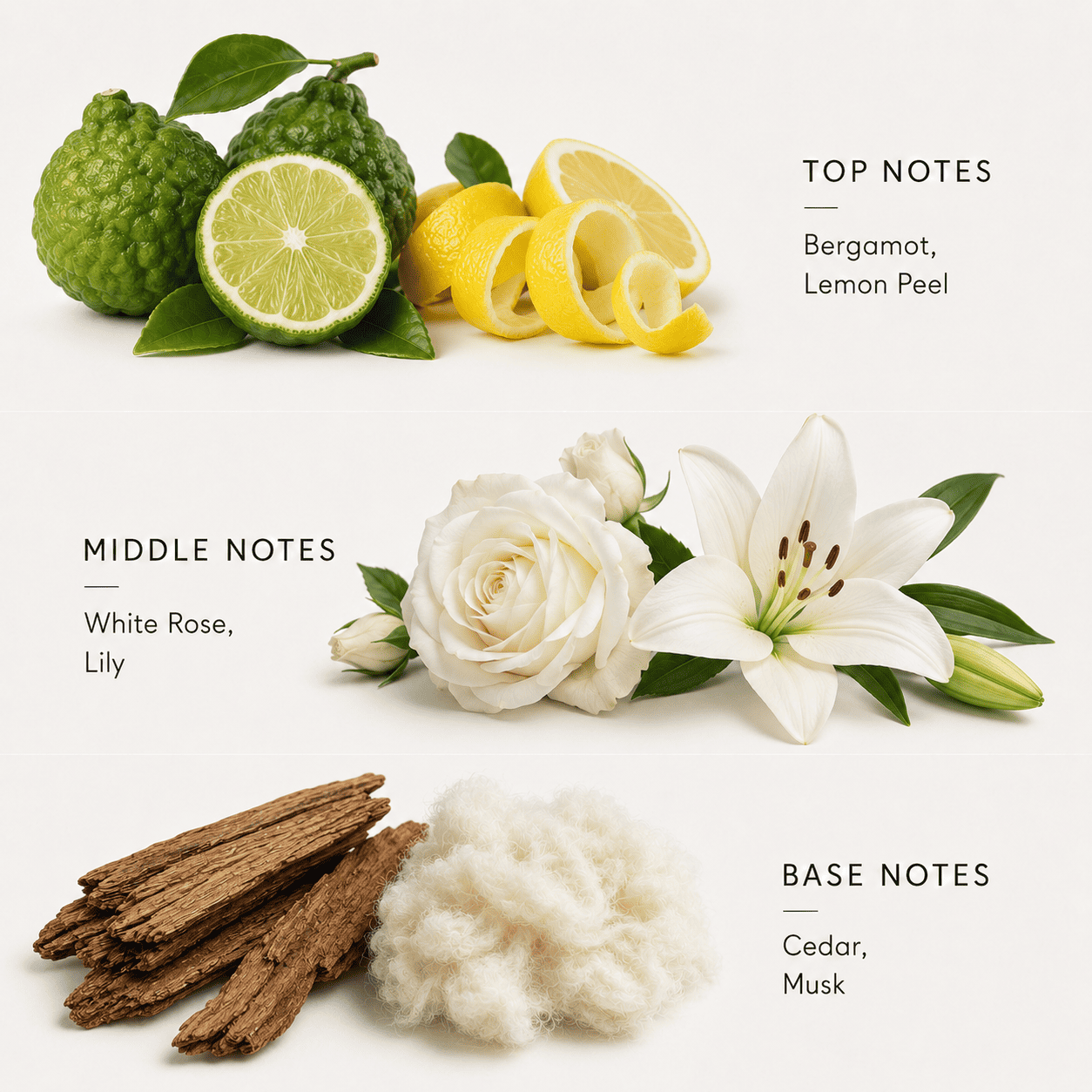 Perfume ingredients including bergamot, lemon peel, white rose, lily, cedar, and musk on a white background.