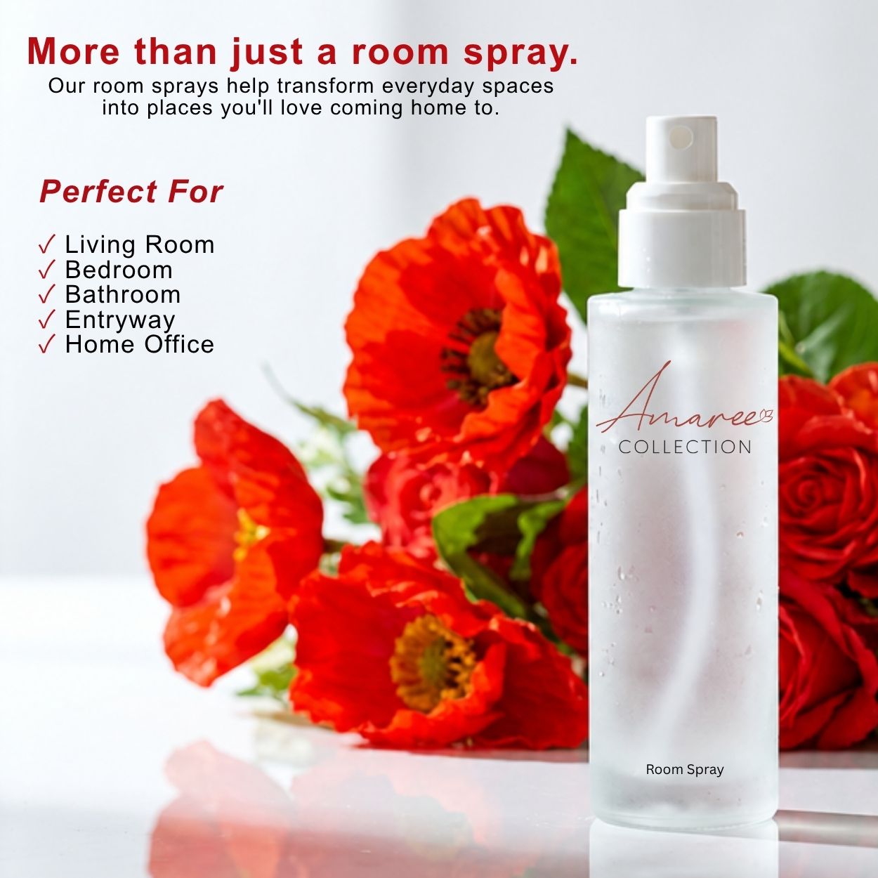 A frosted white room spray bottle labeled &