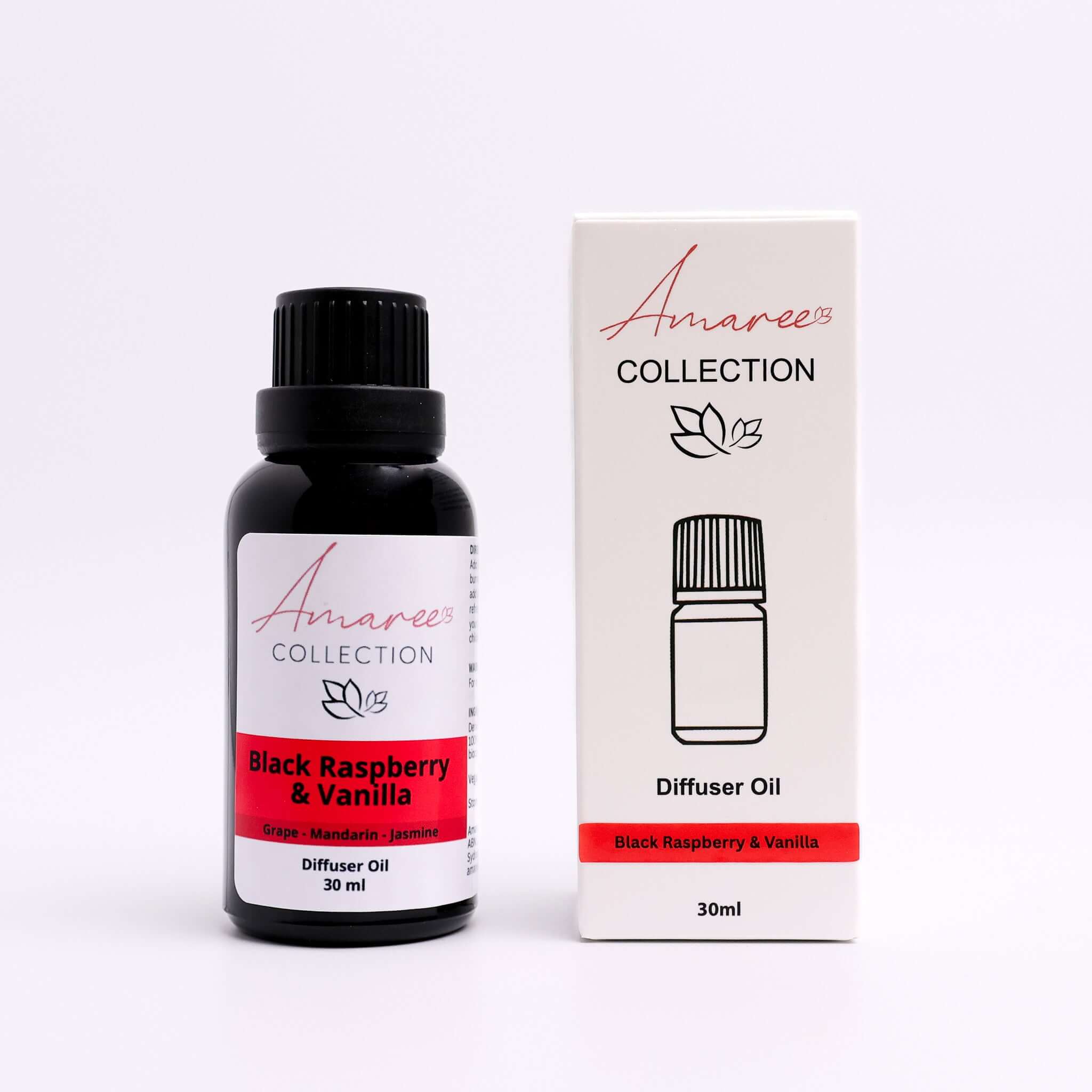 Black Raspberry & Vanilla Diffuser Oil bottle and box showcasing the sweet aroma of ripe berries and creamy vanilla.