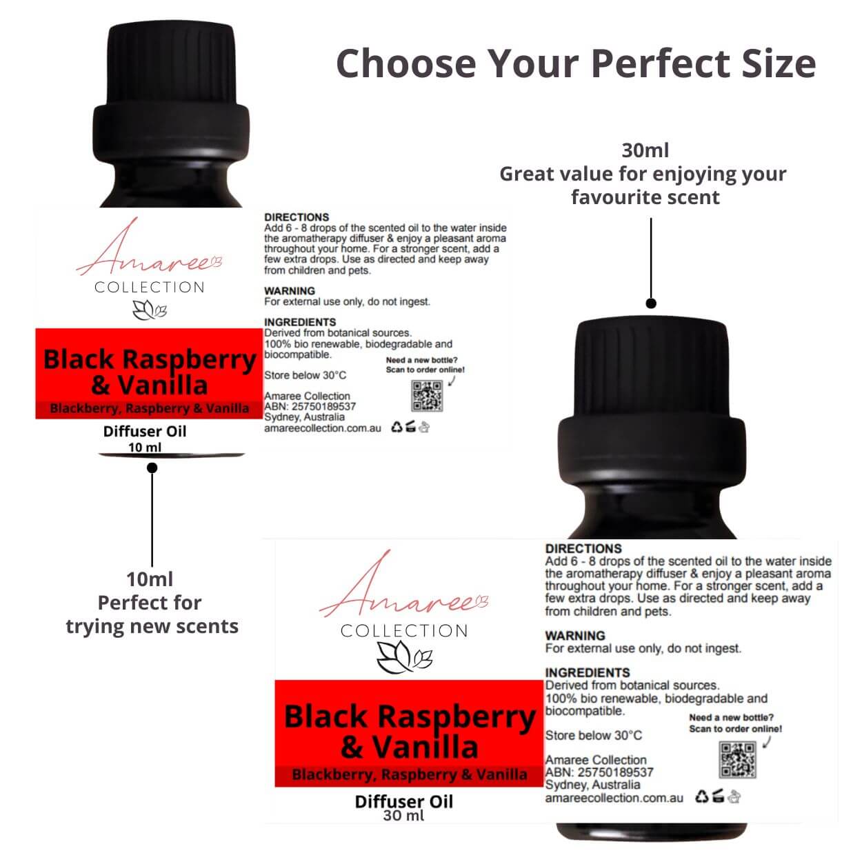 Black Raspberry & Vanilla Diffuser Oil bottles showcasing size options and scent descriptions.