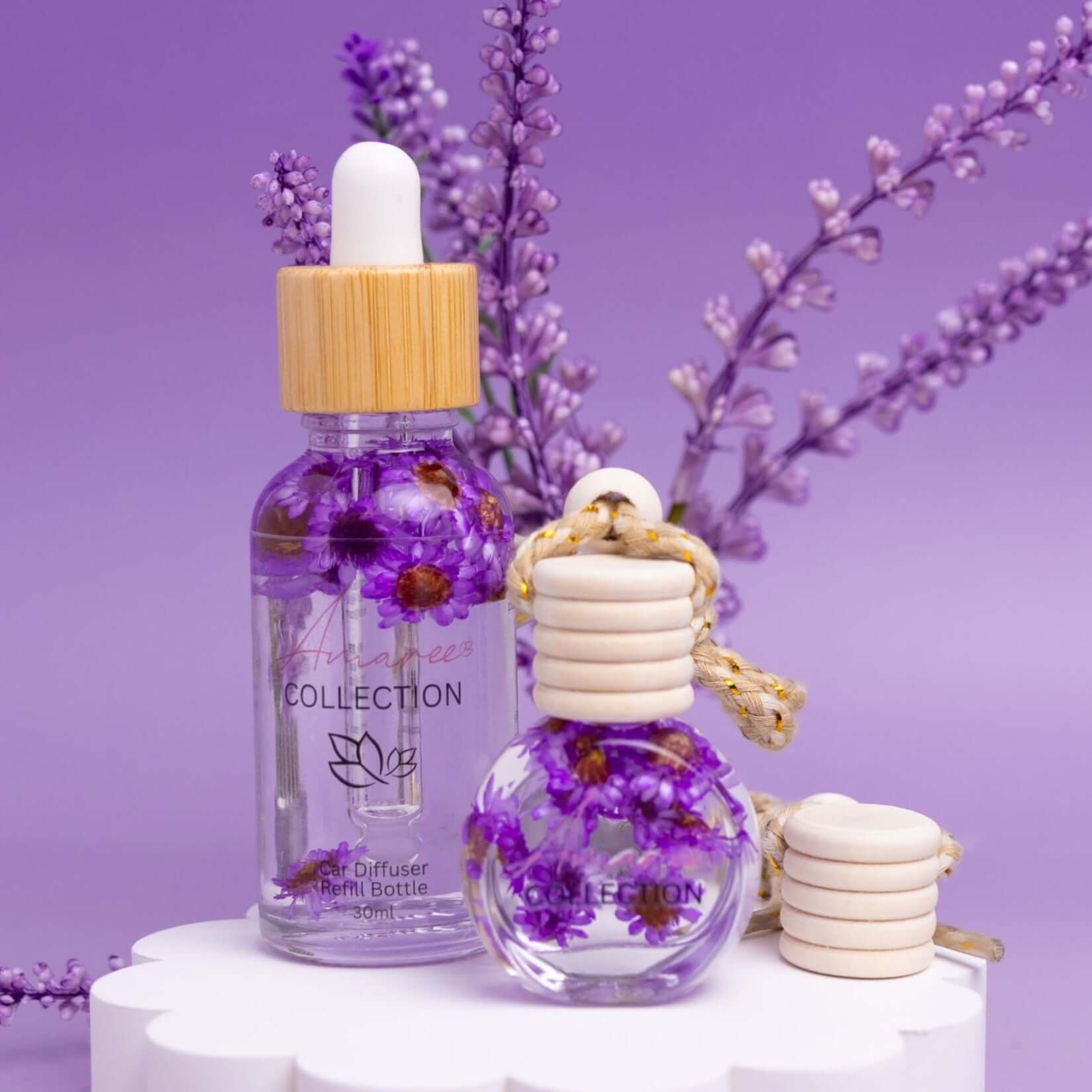 Black Amber & Lavender Car Diffuser Kit with elegant diffuser bottles and lavender flowers on a purple background.