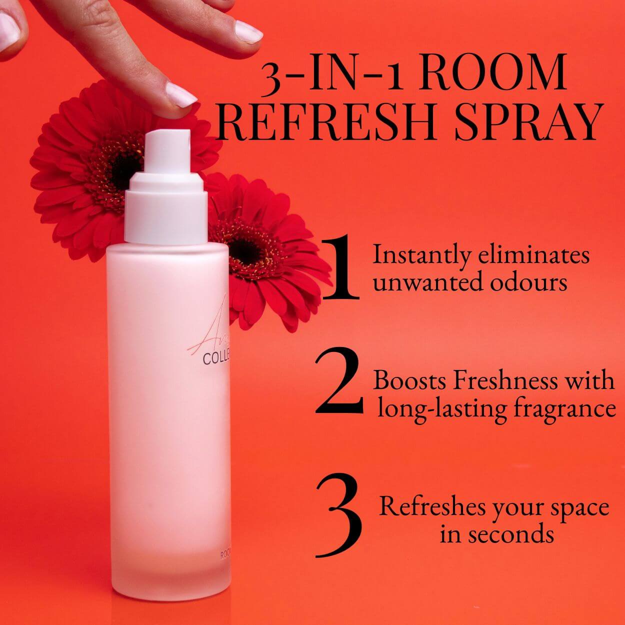 3-IN-1 ROOM REFRESH SPRAY for eliminating odours, boosting freshness and refreshing your space in seconds.