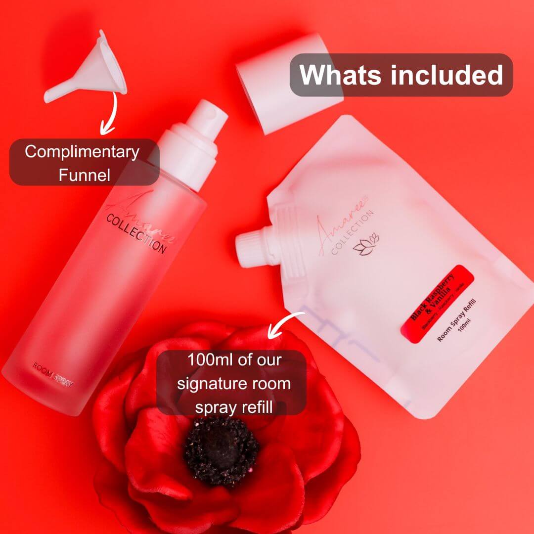 Black Raspberry & Vanilla Room Spray Refill 100ml with complimentary funnel and packaging on a red background.