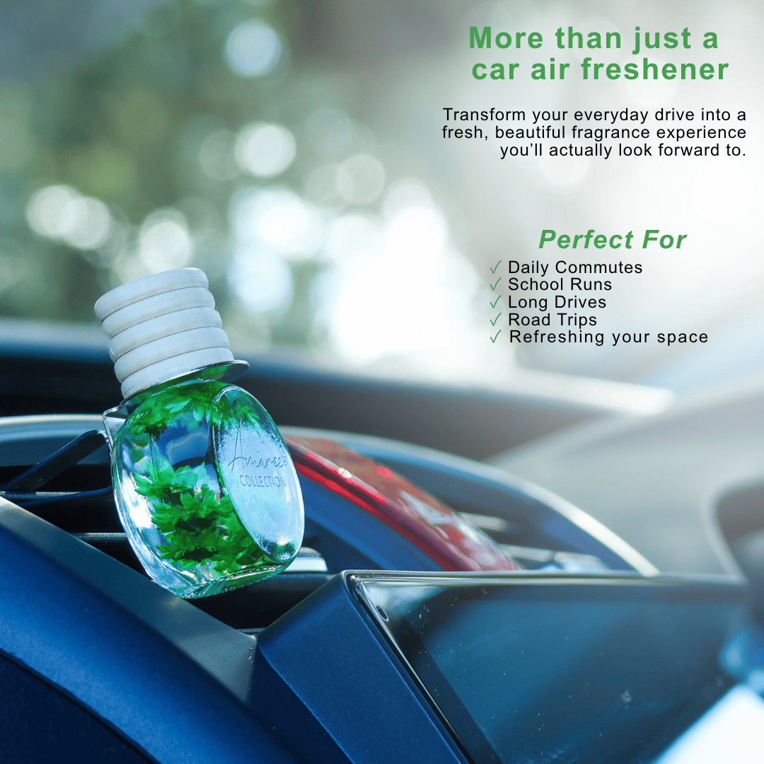A small clear car air freshener bottle with a white cap and green liquid sits on a car air vent. The image includes marketing text on a blurred car interior background.