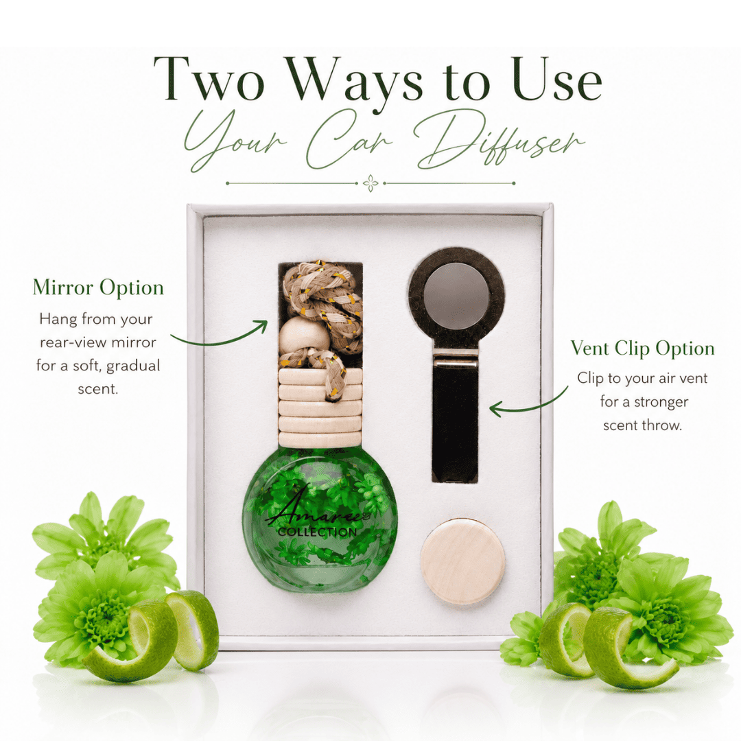 A boxed car diffuser product shown on a white background with instructional text reading &