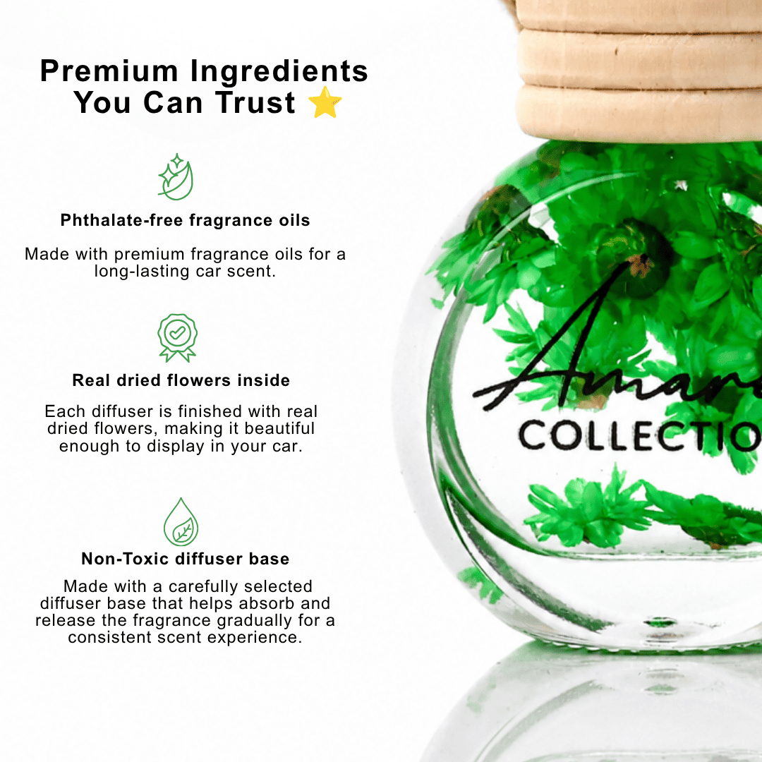 A clear glass car diffuser bottle with a light wood cap, filled with bright green dried flower pieces and featuring the brand name &