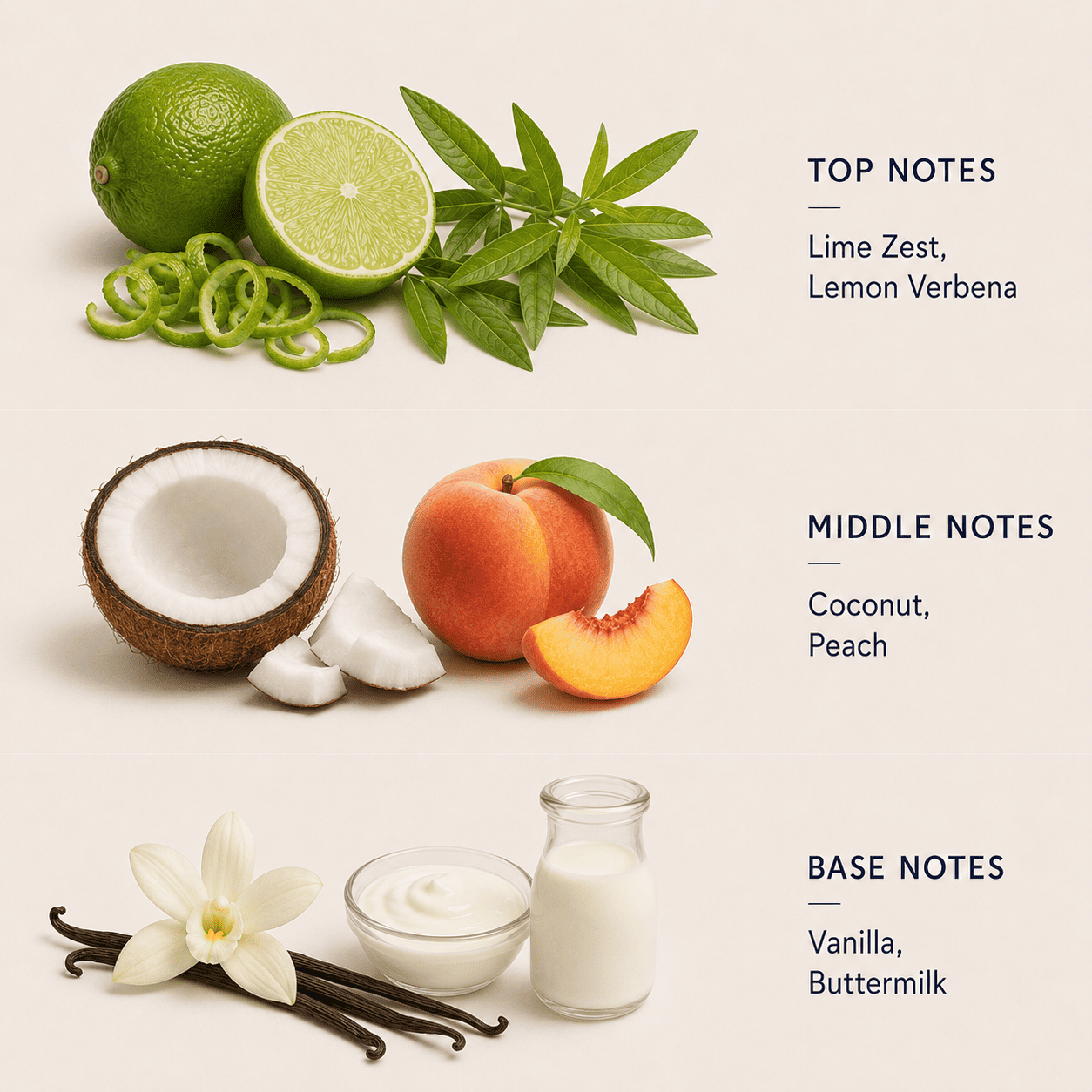 Scentsy product with lime, coconut, peach, vanilla, and buttermilk elements on a light background.