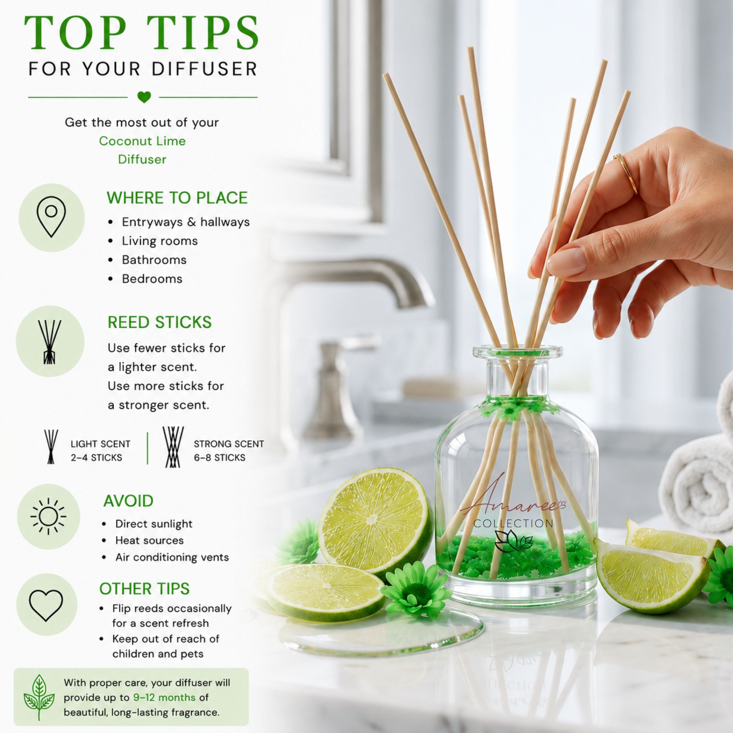 Reed diffuser with lime slices and top tips for use on a white surface.