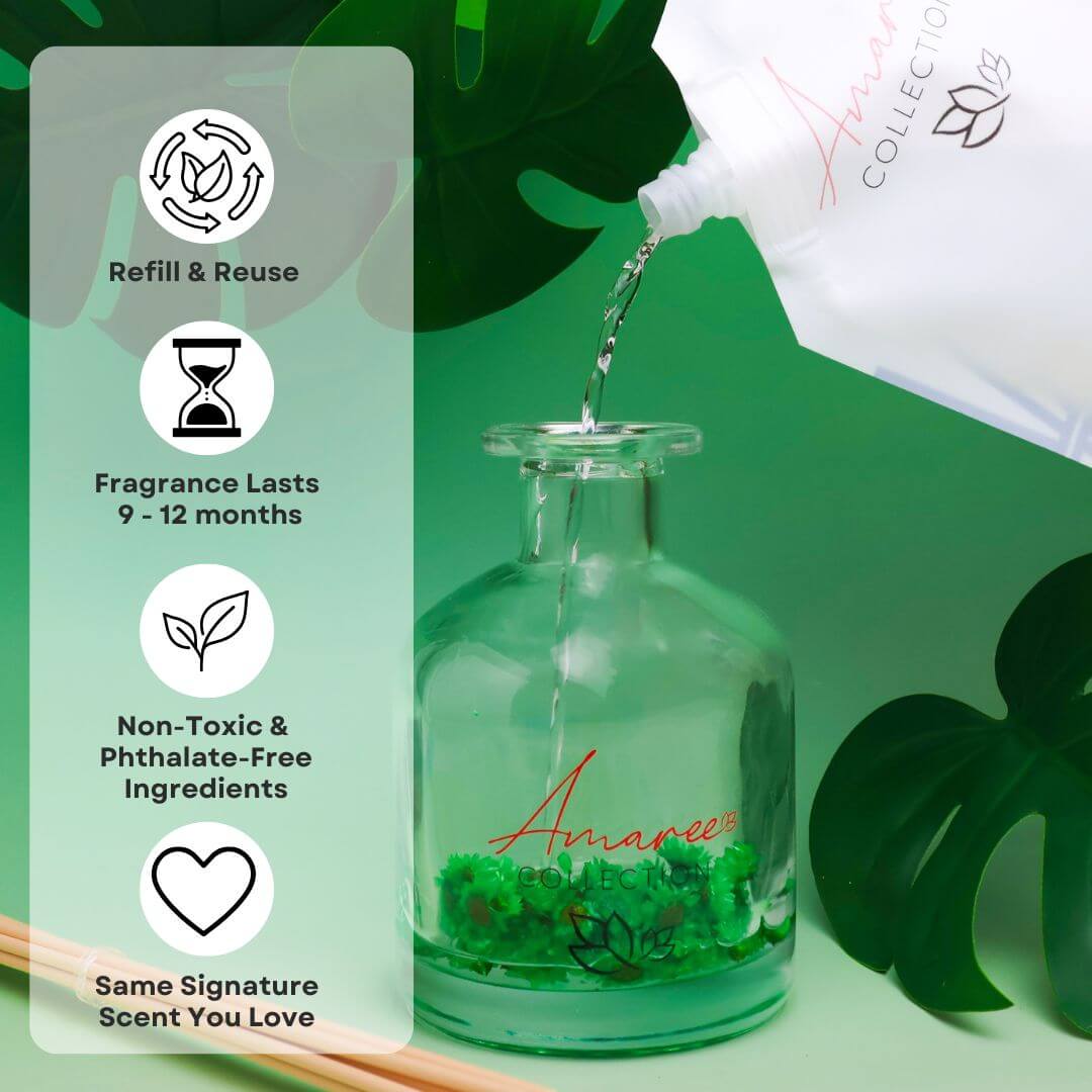 Coconut & Lime Reed Diffuser Refill 250ml being poured into a glass diffuser with green decorative filling.
