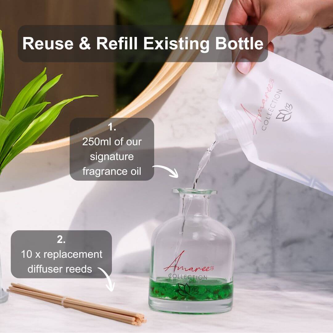 Coconut & Lime Reed Diffuser Refill 250ml being poured into a glass bottle, showcasing refreshing tropical scents.