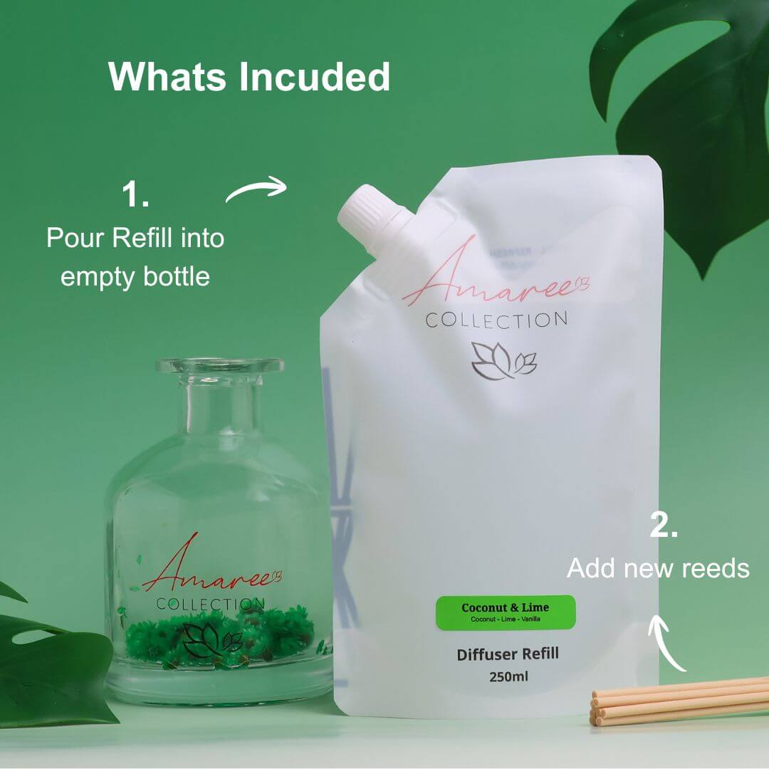Coconut & Lime Reed Diffuser Refill 250ml pouch and bottle with instructions for use.