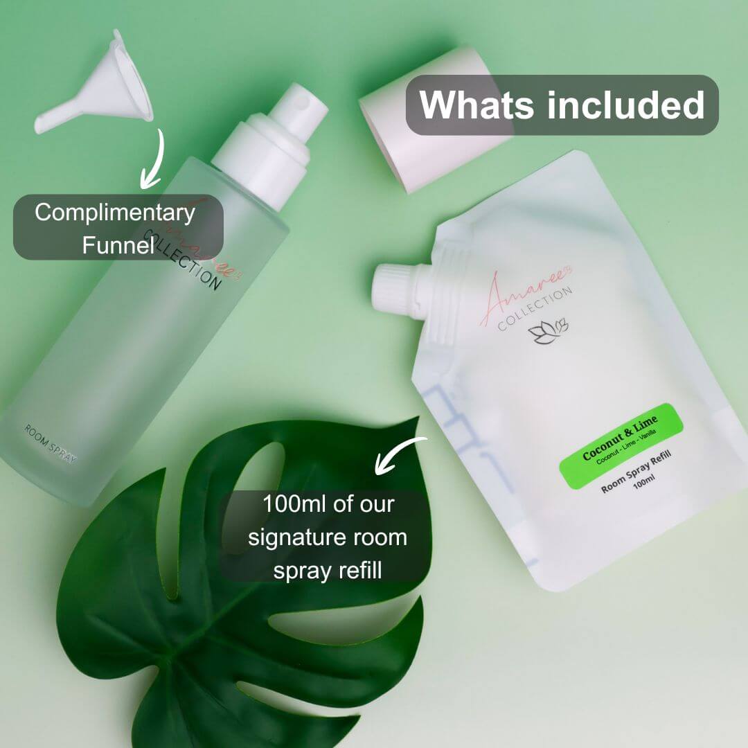 Coconut Lime Room Spray Refill 100ml with funnel, showing included components for eco-friendly scent refill.