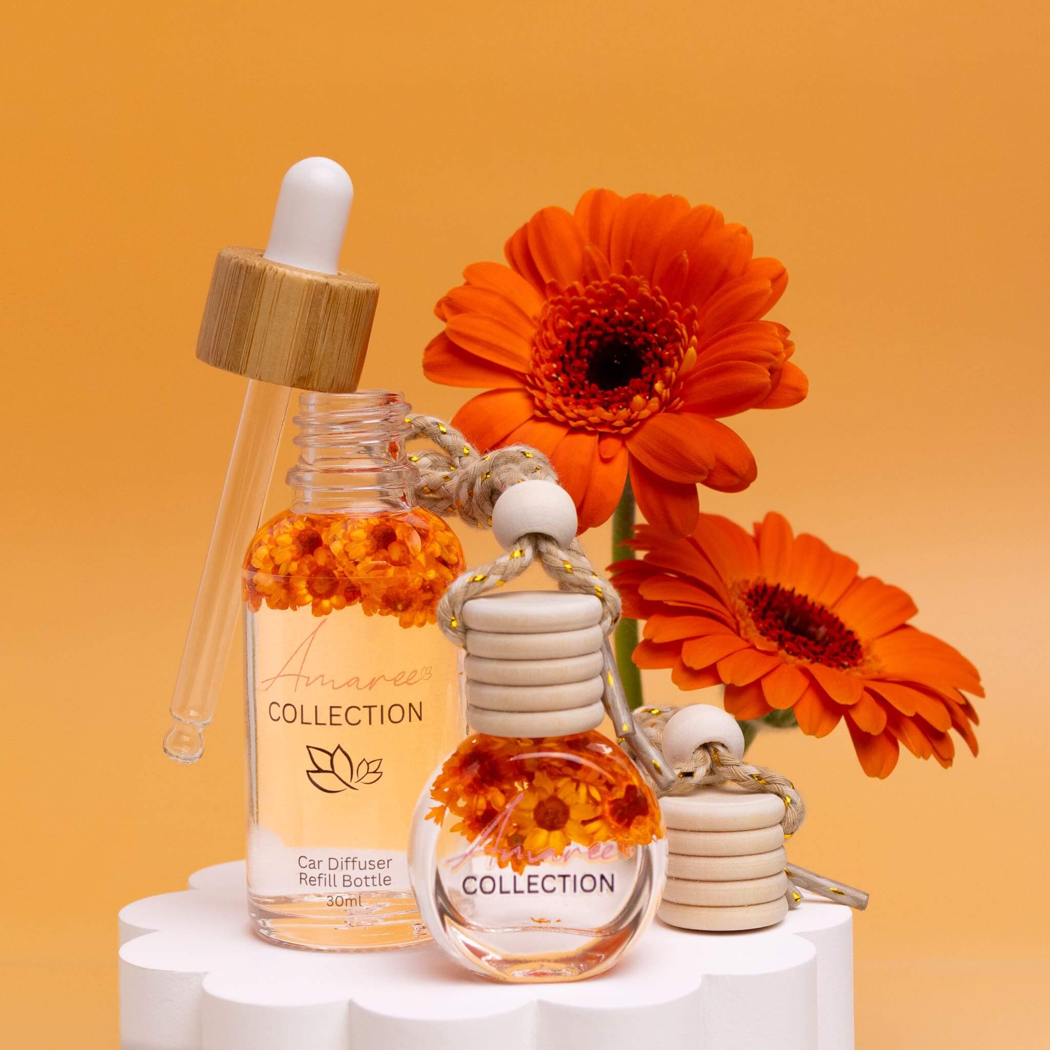 Cucumber Melon Car Diffuser Kit with floral designs on a vibrant orange background.