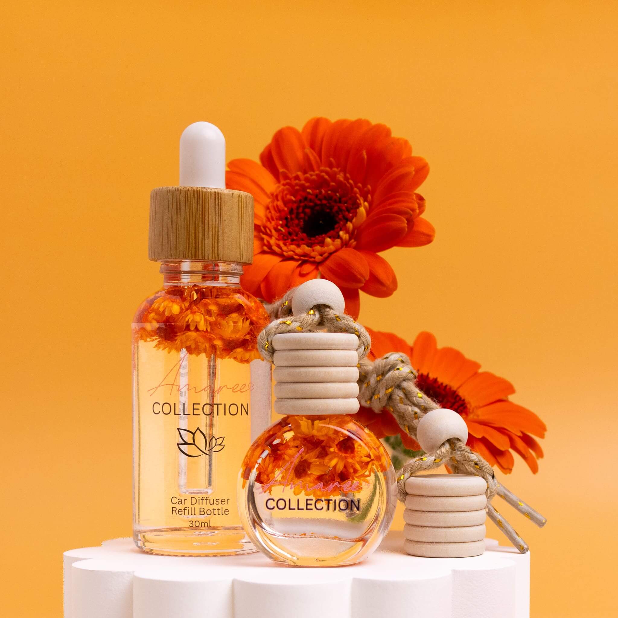 Cucumber Melon Car Diffuser Kit featuring refillable bottle and car diffuser on an orange background.