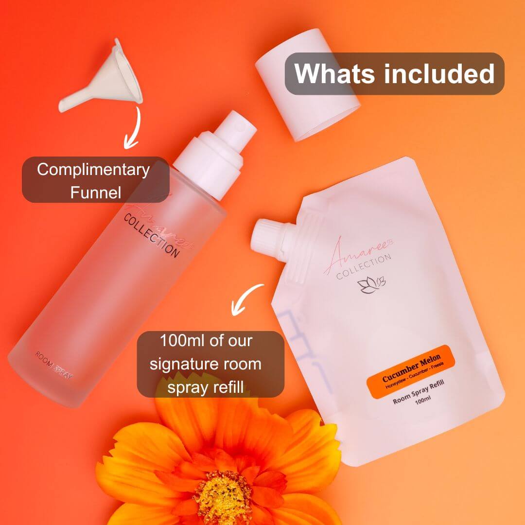 Cucumber Melon Room Spray Refill 100ml with complimentary funnel and packaging on a colorful background.