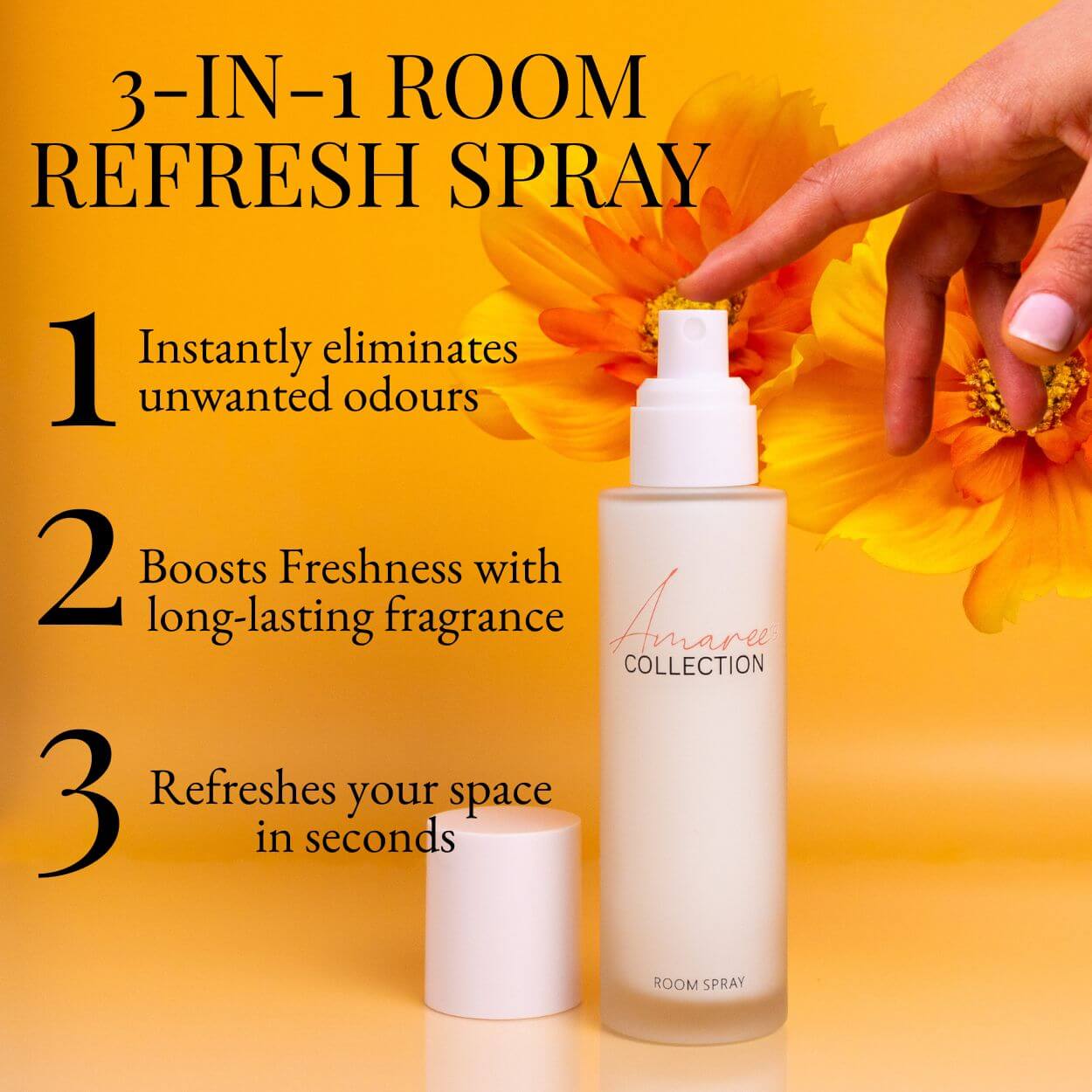 3-IN-1 ROOM REFRESH SPRAY eliminating odours, boosting freshness, and refreshing your space in seconds.