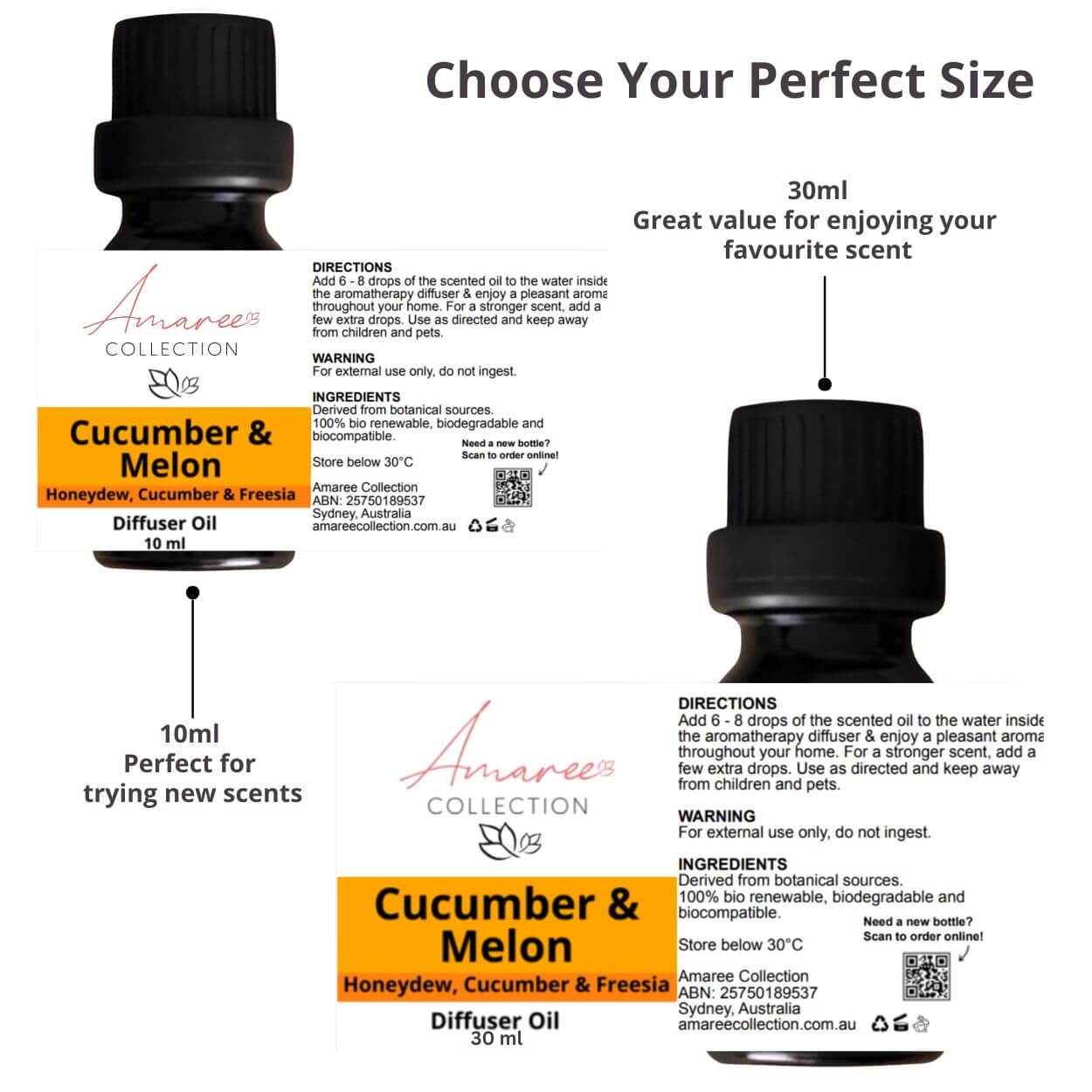 Cucumber Melon Diffuser Oil packaging showing 10ml and 30ml sizes for enjoying and trying new scents.