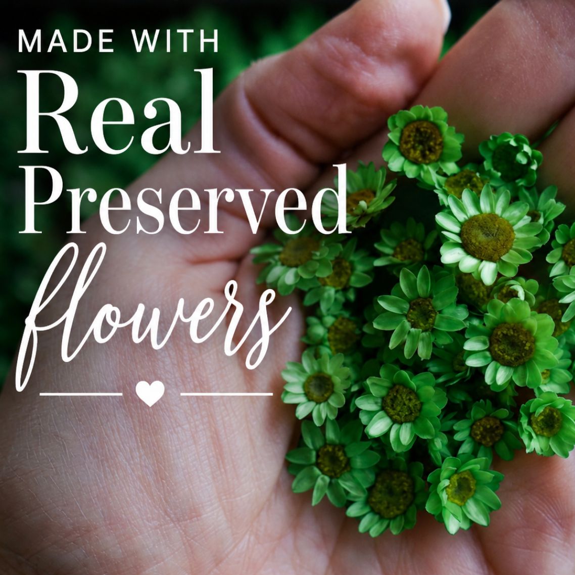 Hand holding a small bouquet of green preserved flowers with text &