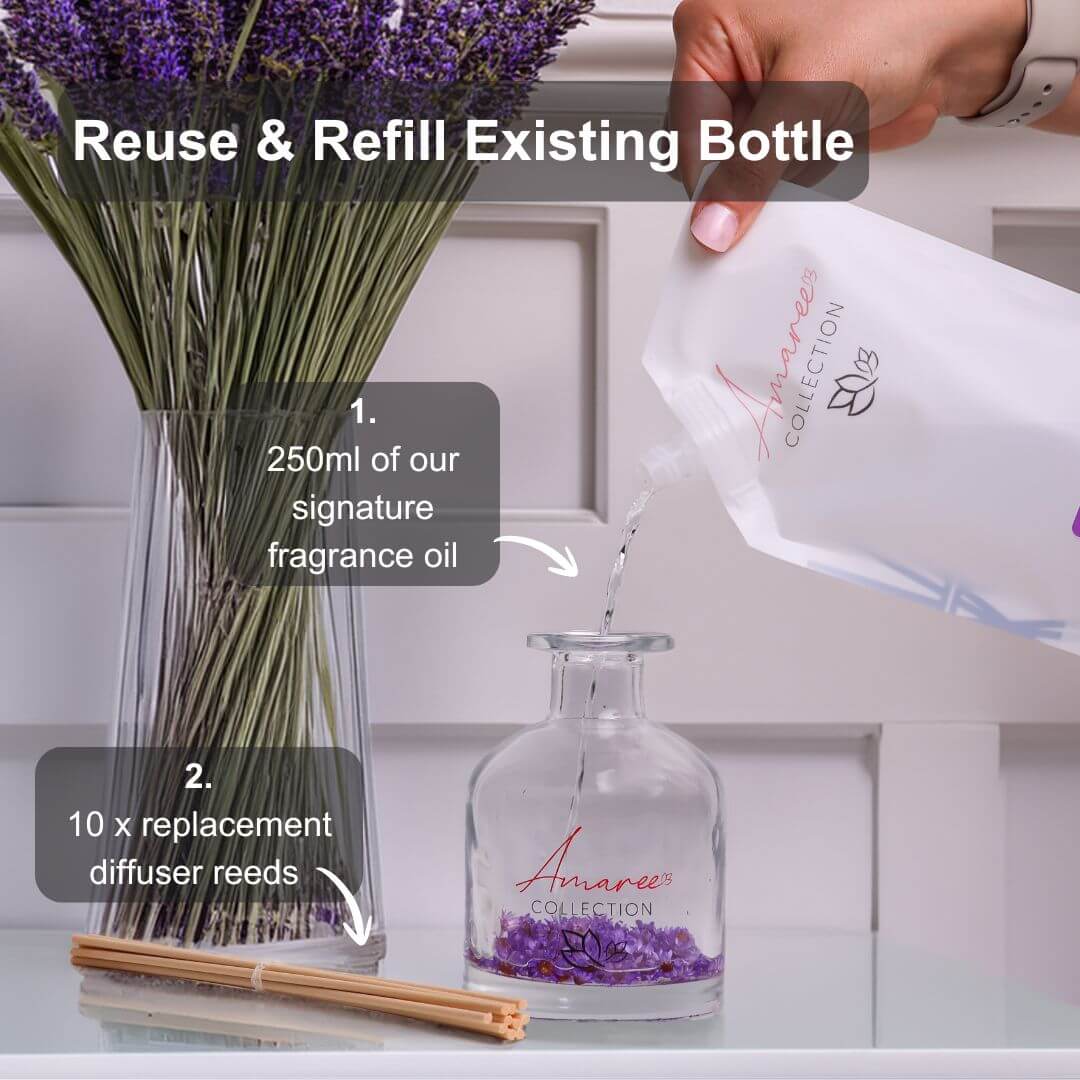 Black Amber & Lavender Reed Diffuser Refill 250ml being poured into a glass bottle with lavender decor.